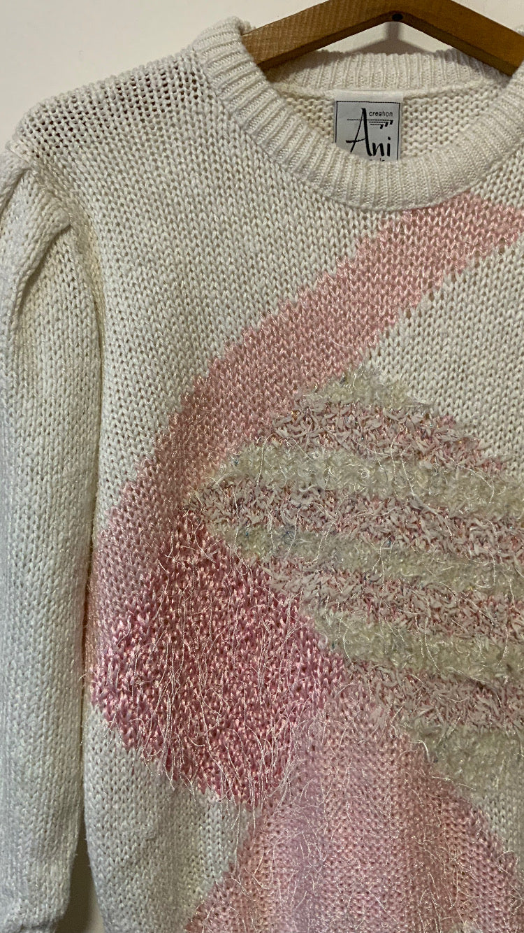 Pull à Motifs Géométriques Vintage 1980 Fleurs Printemps Rose Paris