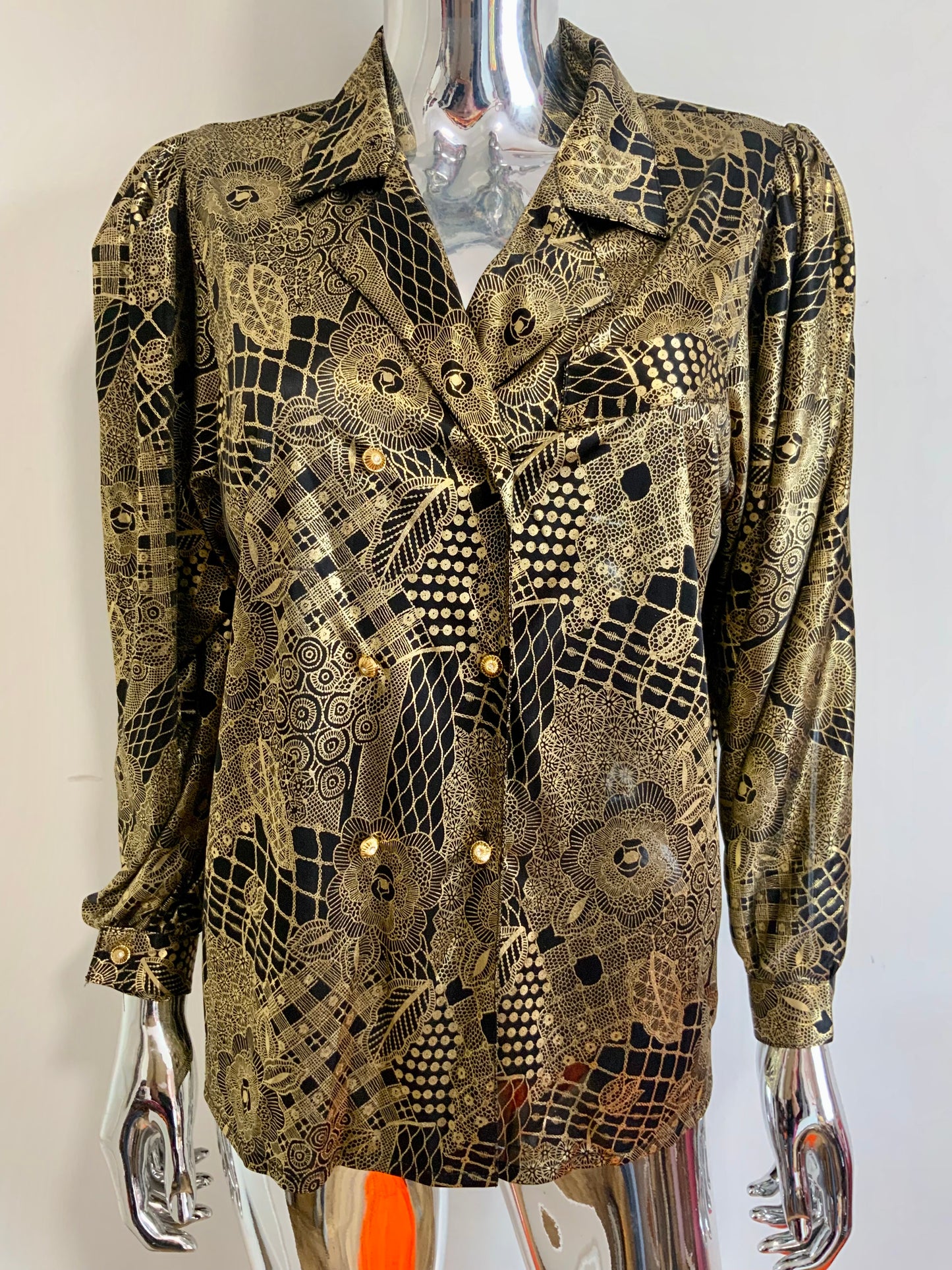 Chemisier Croisé Lurex Doré à fleurs Vintage 1980 Made in France