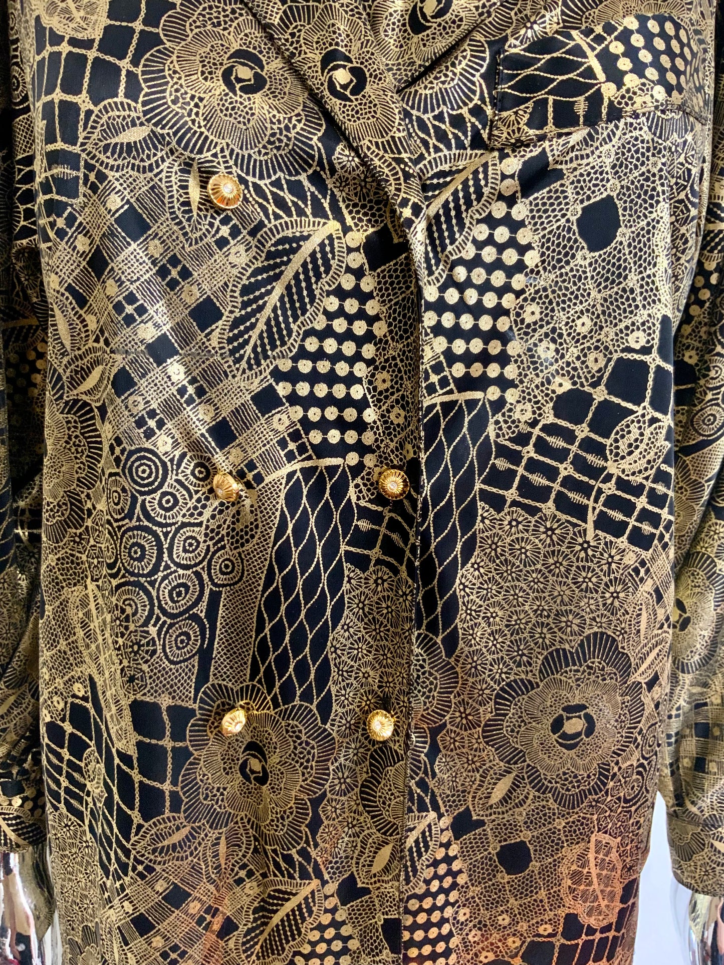 Chemisier Croisé Lurex Doré à fleurs Vintage 1980 Made in France