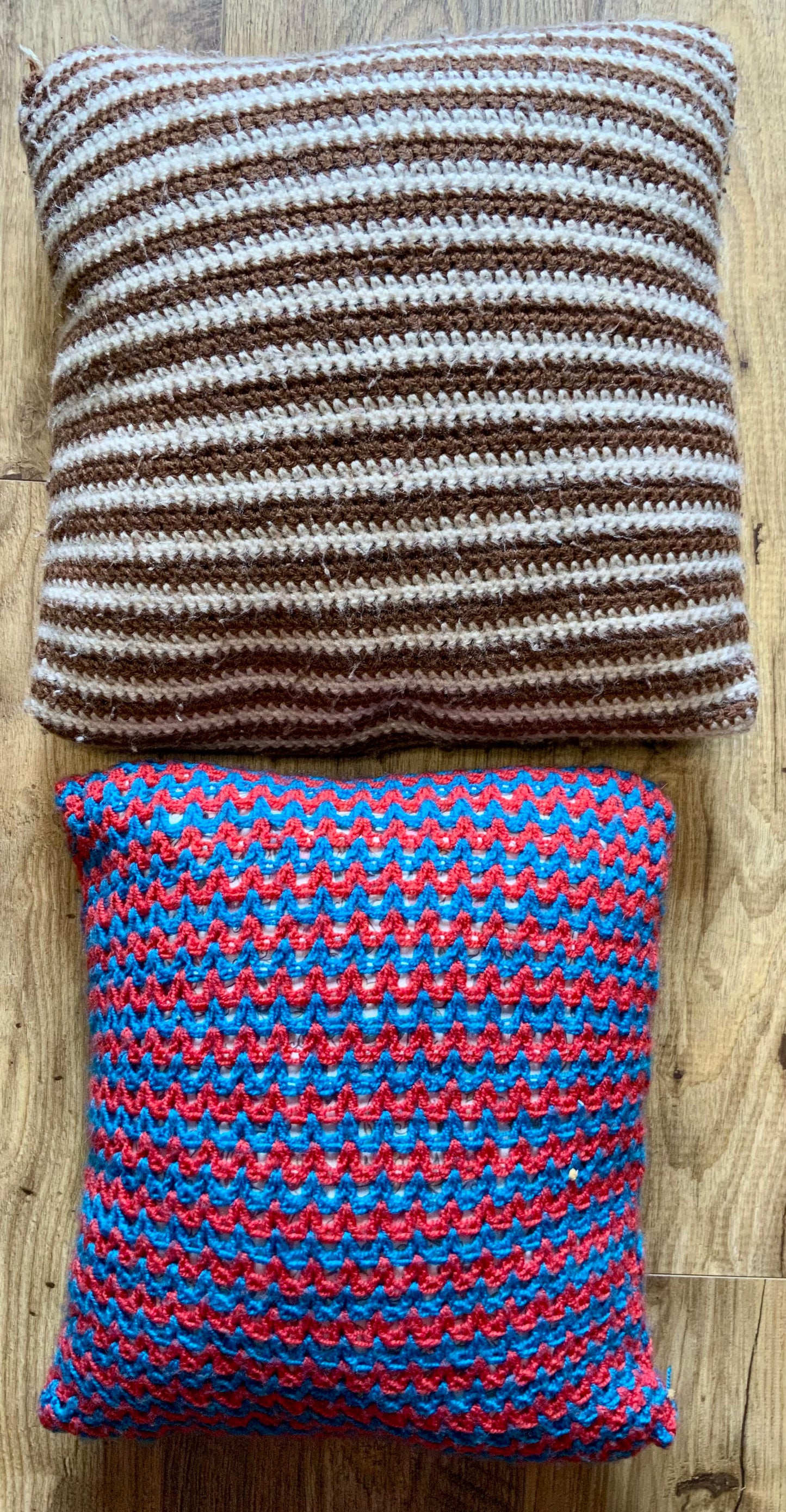 2 coussins 1970 Vintage laine crochets rayures et zigzags