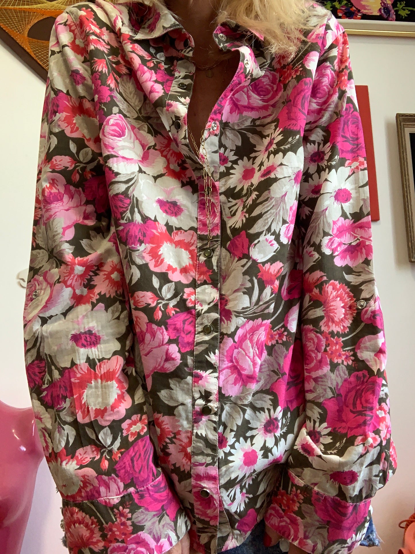 Chemise à Fleurs Roses Vintage Coton 1990