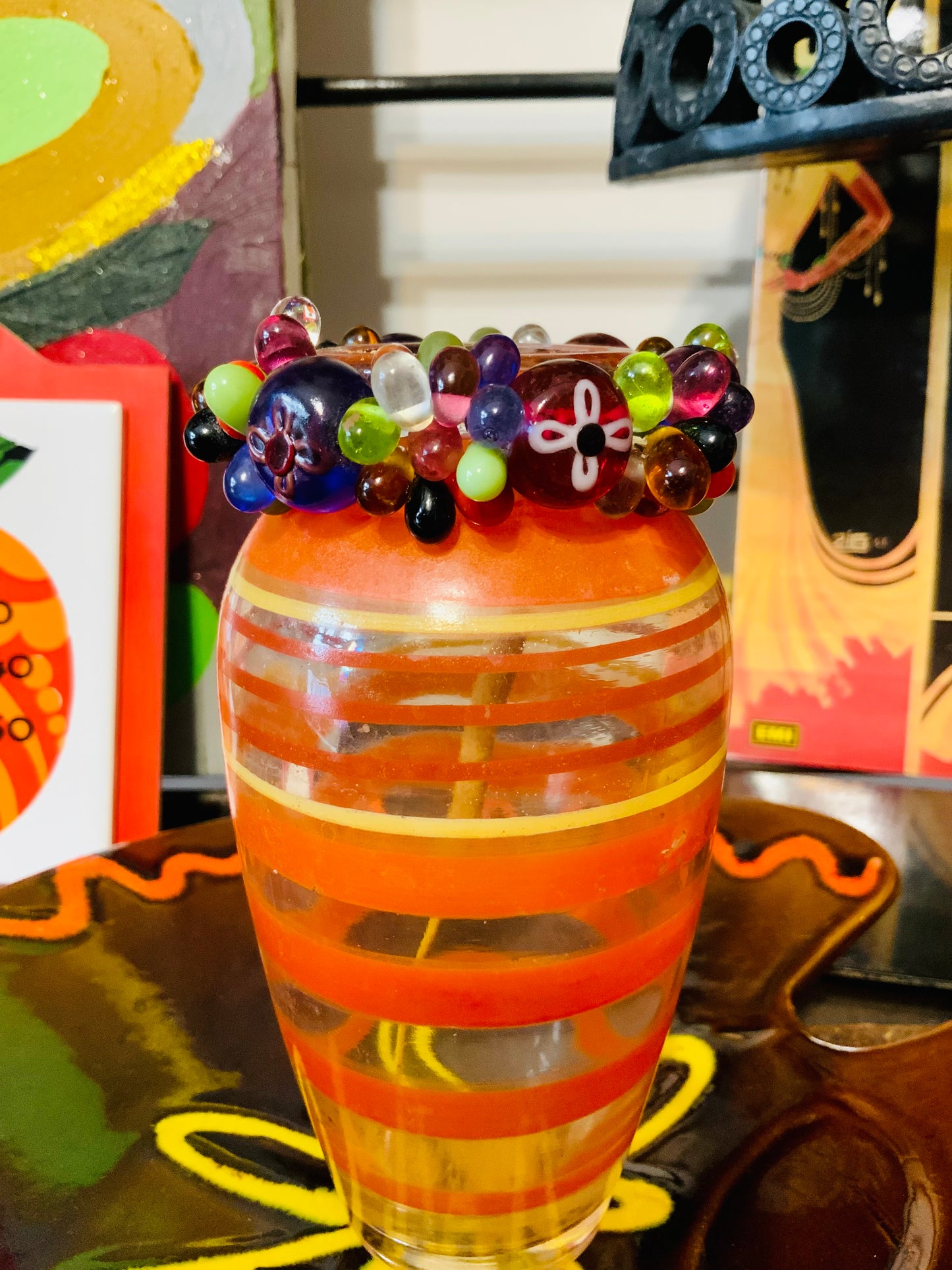 Sublime Bracelet Perles en verre de Murano 1990 Vintage Peintes Fleurs