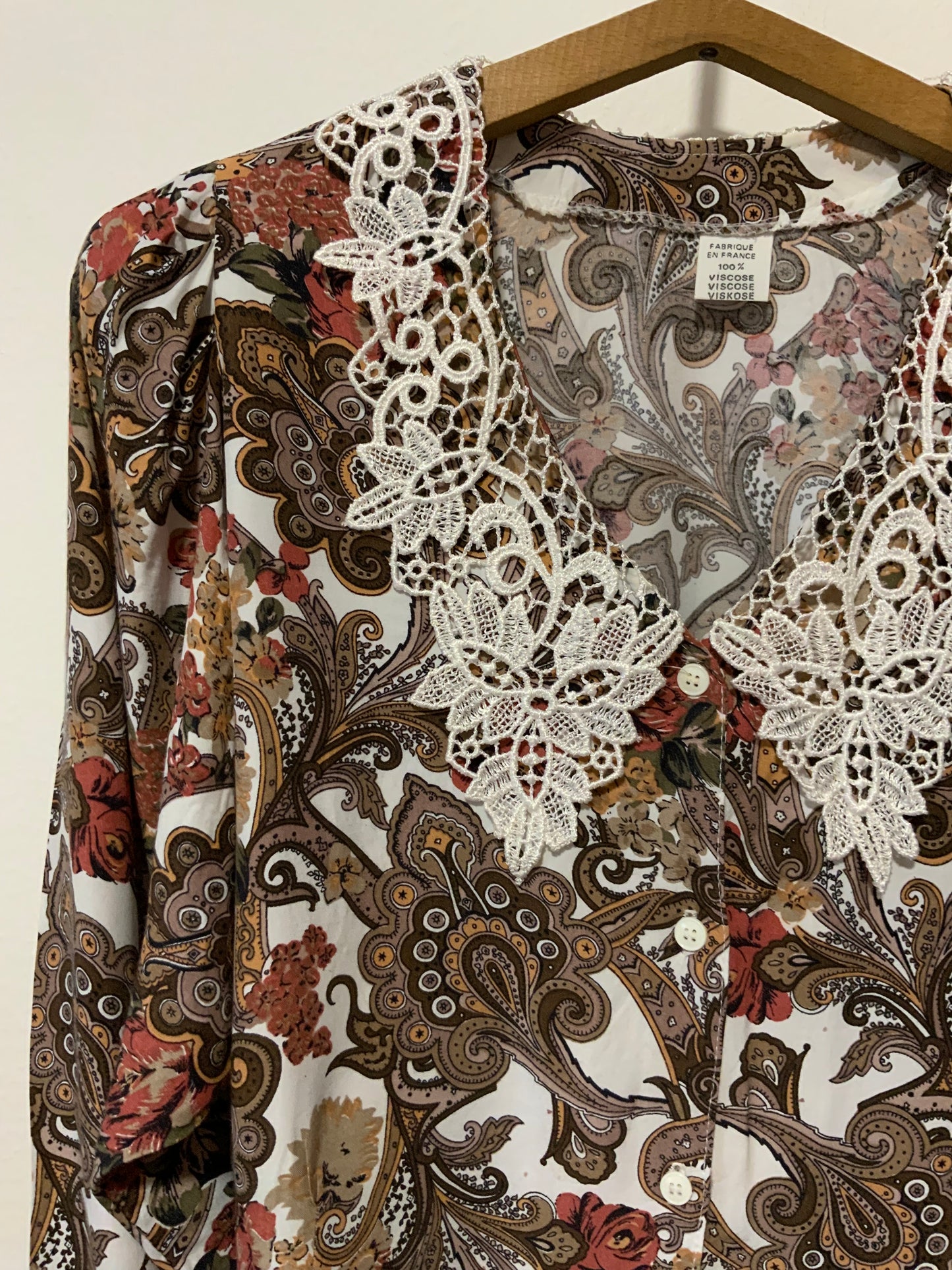 Chemisier Motifs Fleurs Col Broderies Made in France Vintage 1990