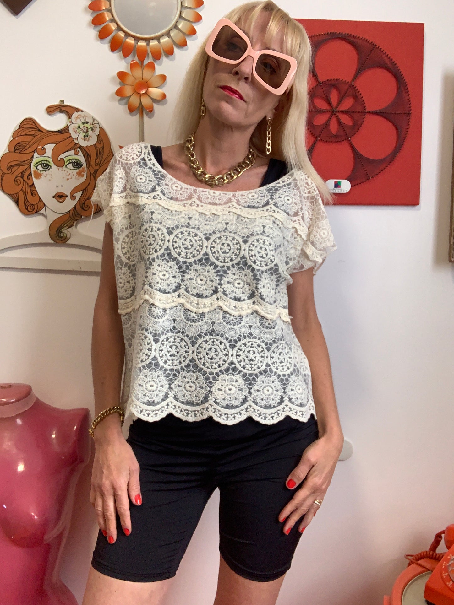 Top Dentelle Transparence Vintage 1990 Fleurs Bohème