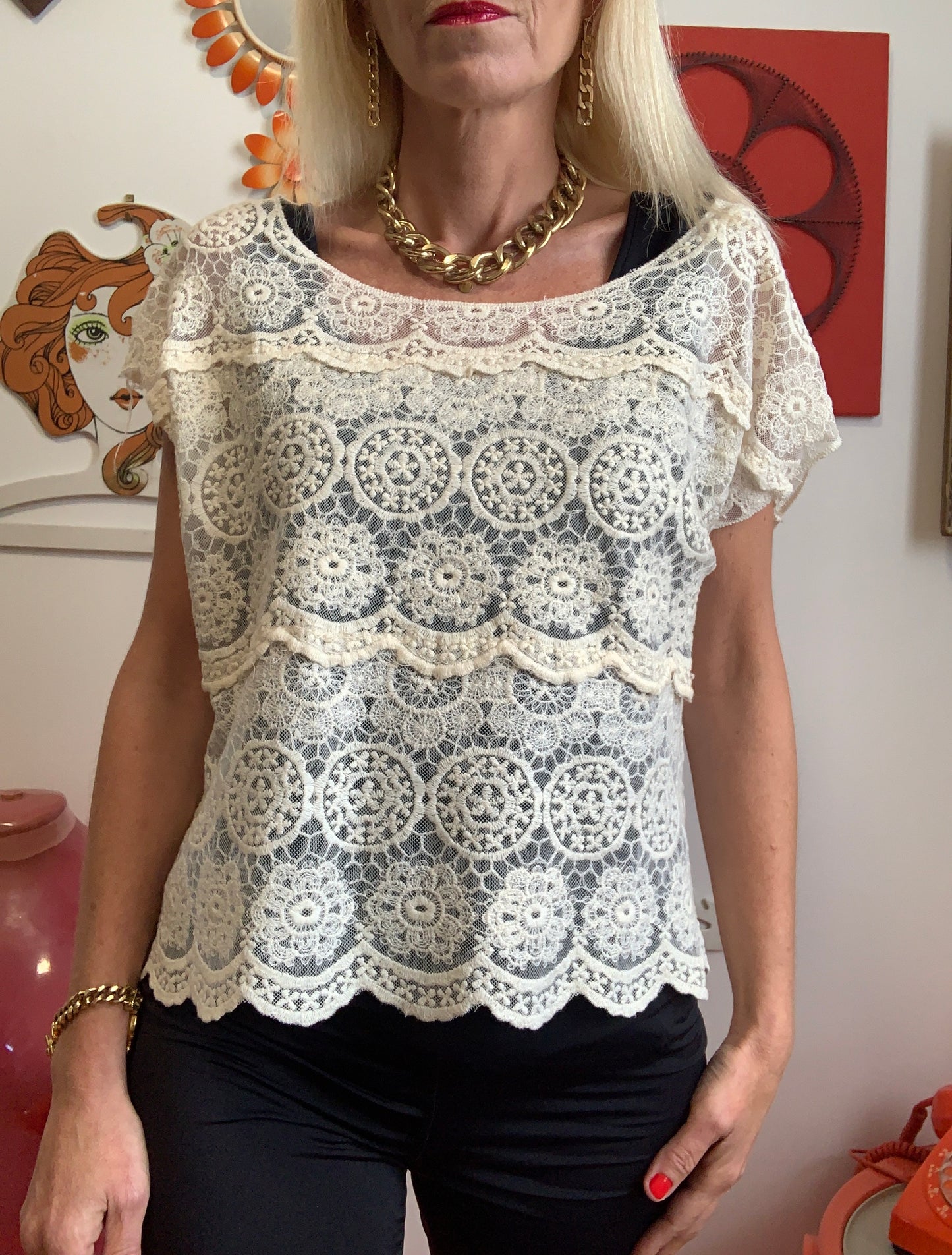 Top Dentelle Transparence Vintage 1990 Fleurs Bohème