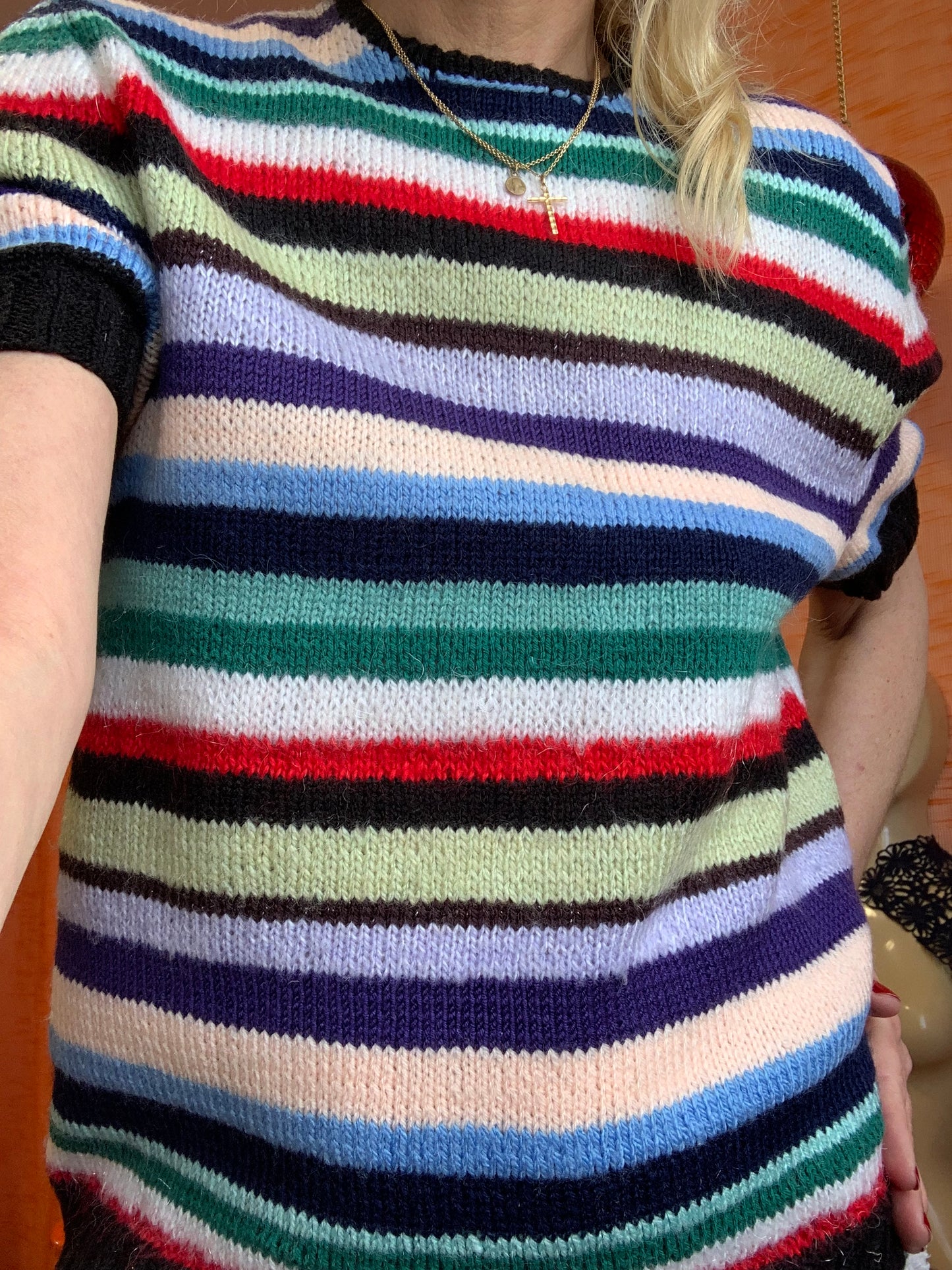 Superbe Pull Tricot Fait main création pure laine Rayures Vintage 1970