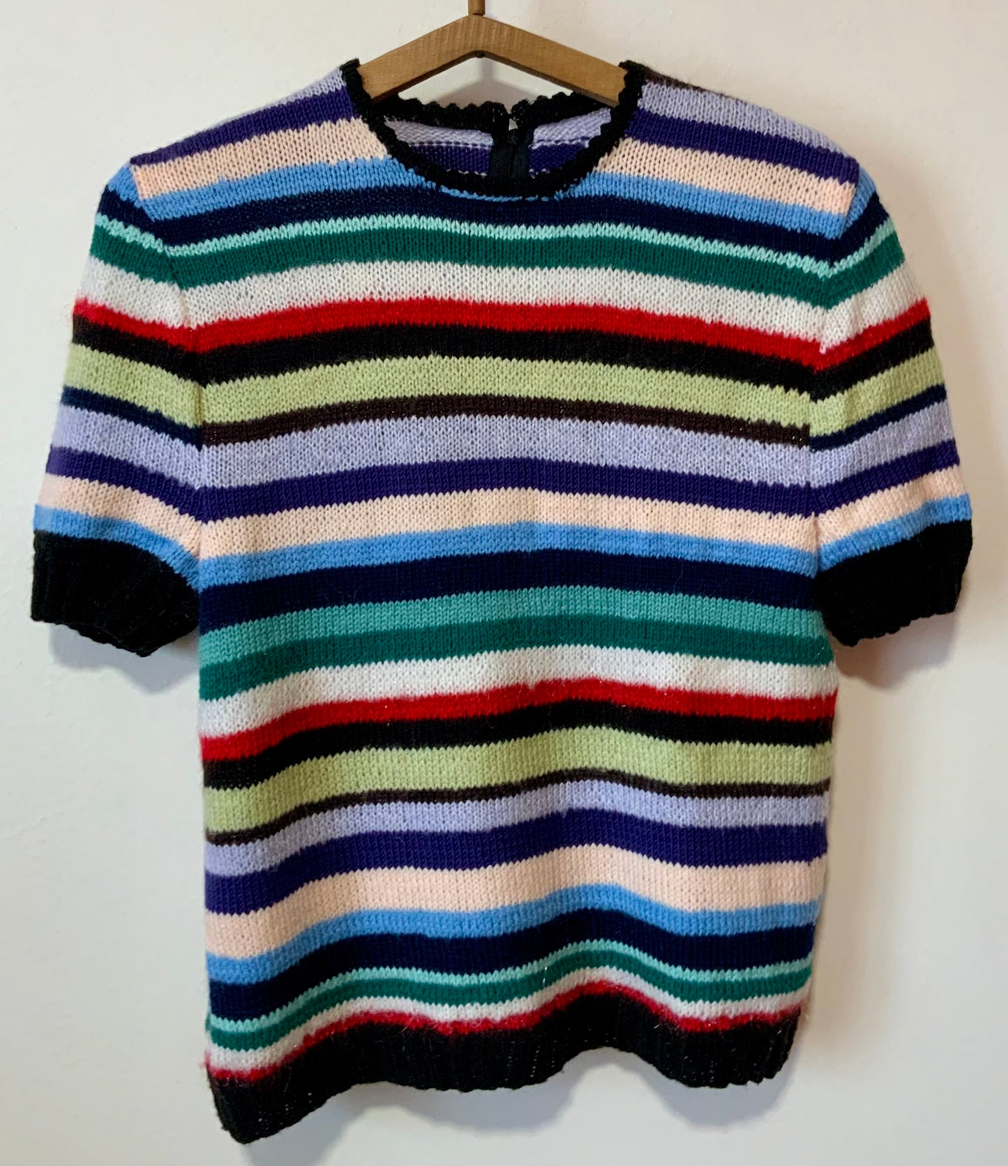 Superbe Pull Tricot Fait main création pure laine Rayures Vintage 1970