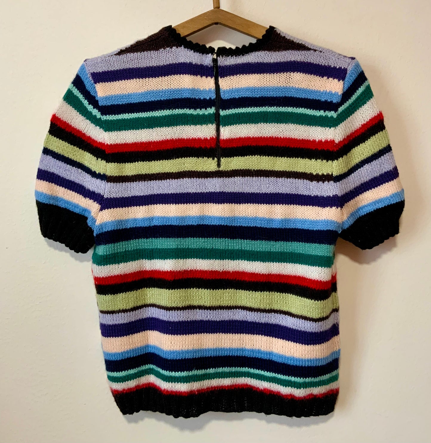 Superbe Pull Tricot Fait main création pure laine Rayures Vintage 1970