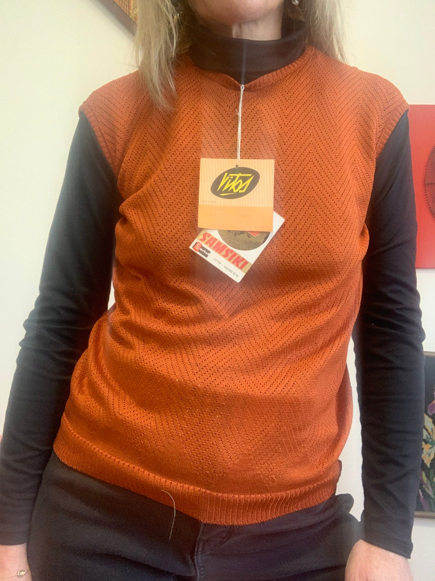 Tricot Pull sans manche Mailles ajourées Deadstock 1970 Vintage France