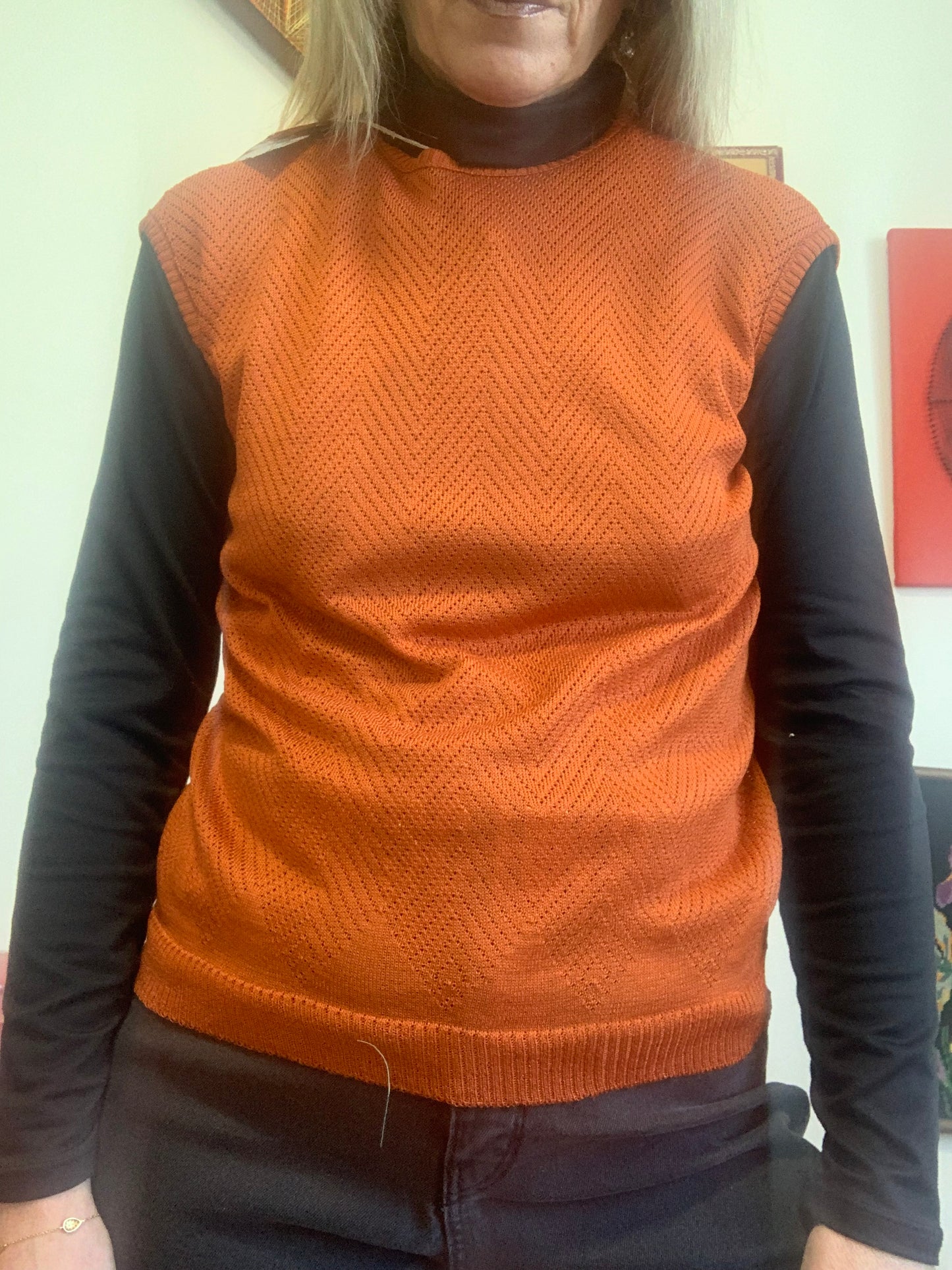 Tricot Pull sans manche Mailles ajourées Deadstock 1970 Vintage France