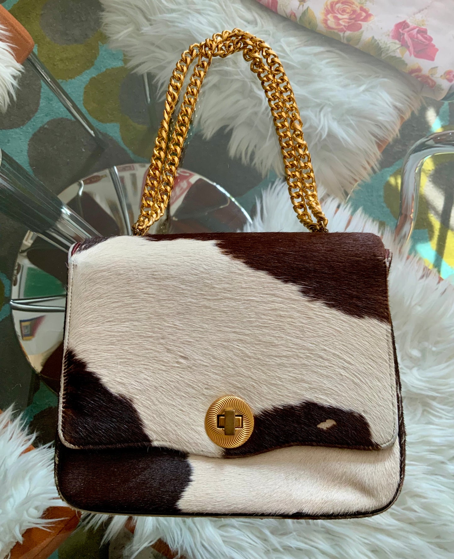 Sac à main chaînes et fourrure peau cuir de veau Vintage 1960/70 Koret