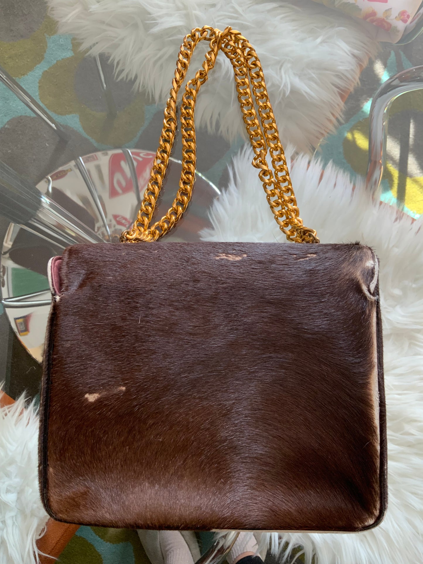 Sac à main chaînes et fourrure peau cuir de veau Vintage 1960/70 Koret