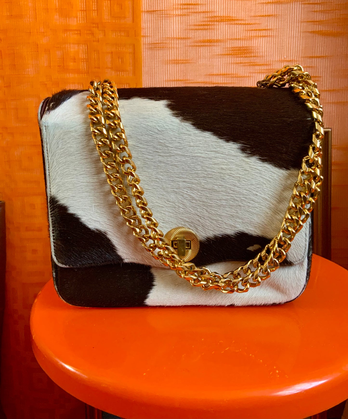Sac à main chaînes et fourrure peau cuir de veau Vintage 1960/70 Koret