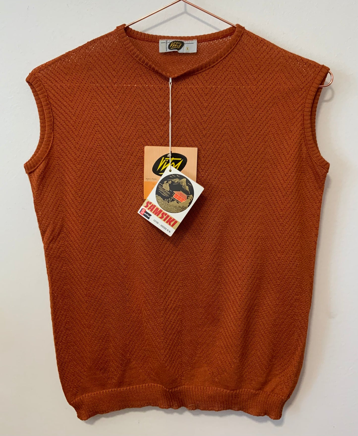 Tricot Pull sans manche Mailles ajourées Deadstock 1970 Vintage France