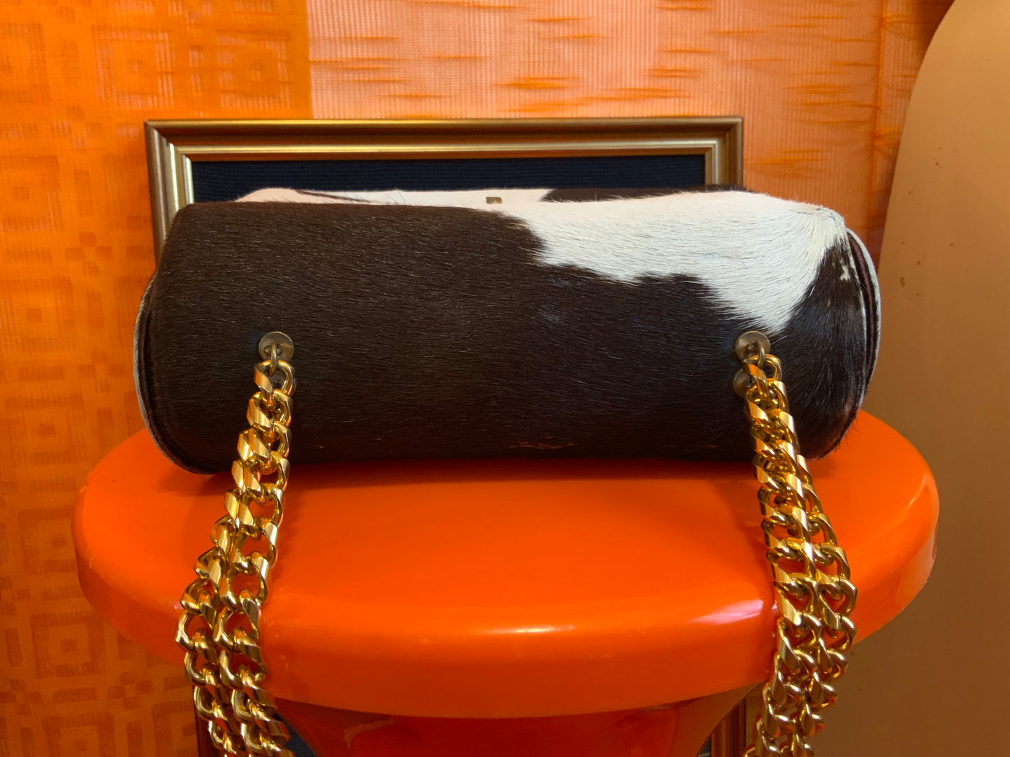 Sac à main chaînes et fourrure peau cuir de veau Vintage 1960/70 Koret