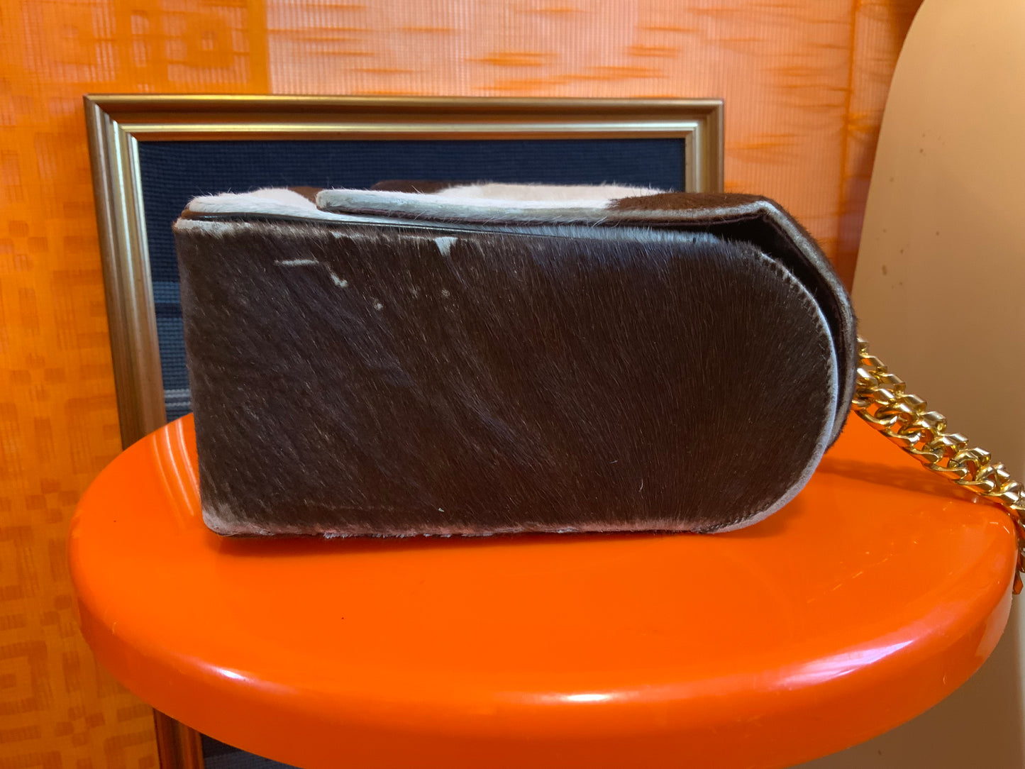 Sac à main chaînes et fourrure peau cuir de veau Vintage 1960/70 Koret
