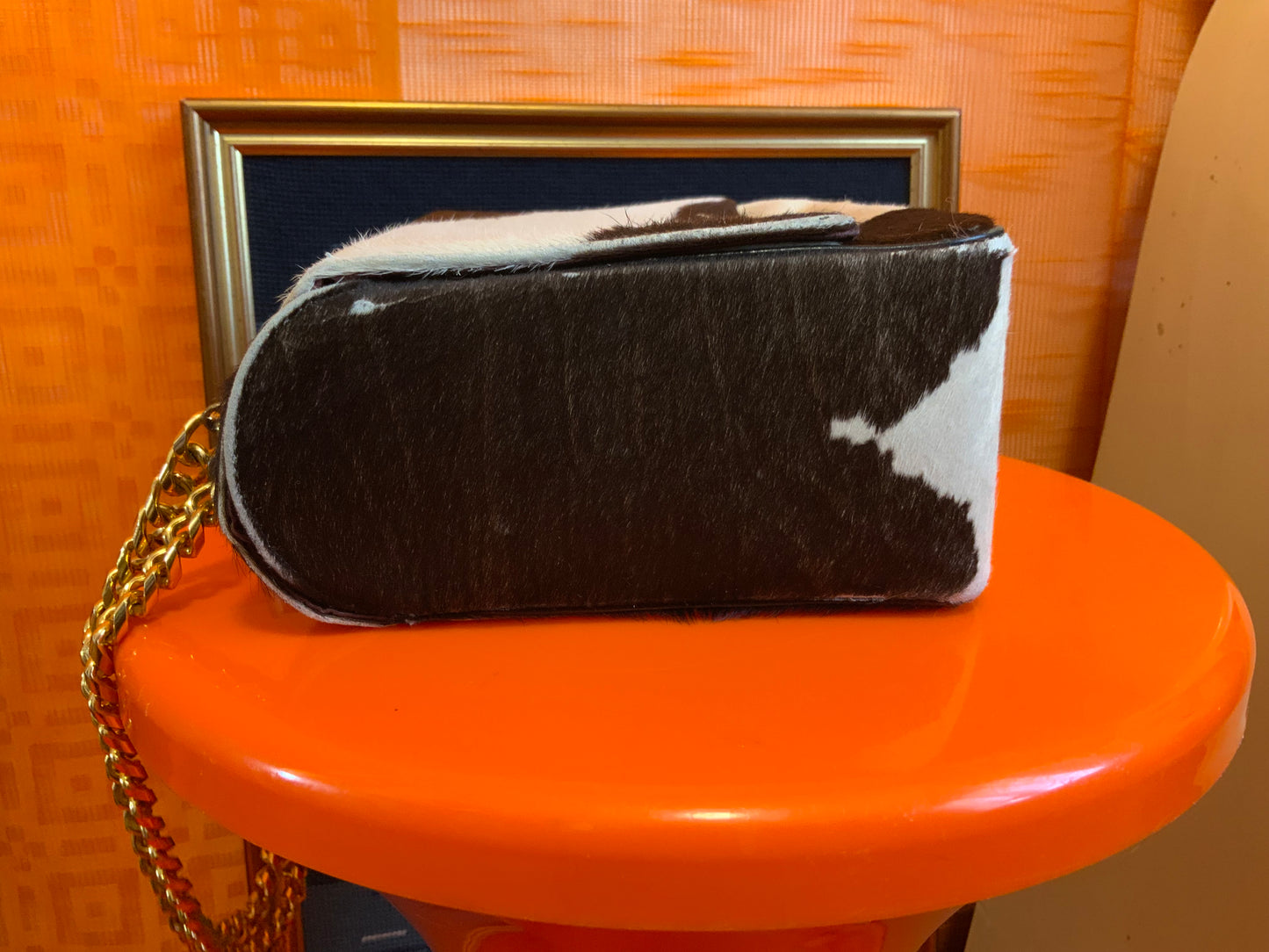 Sac à main chaînes et fourrure peau cuir de veau Vintage 1960/70 Koret