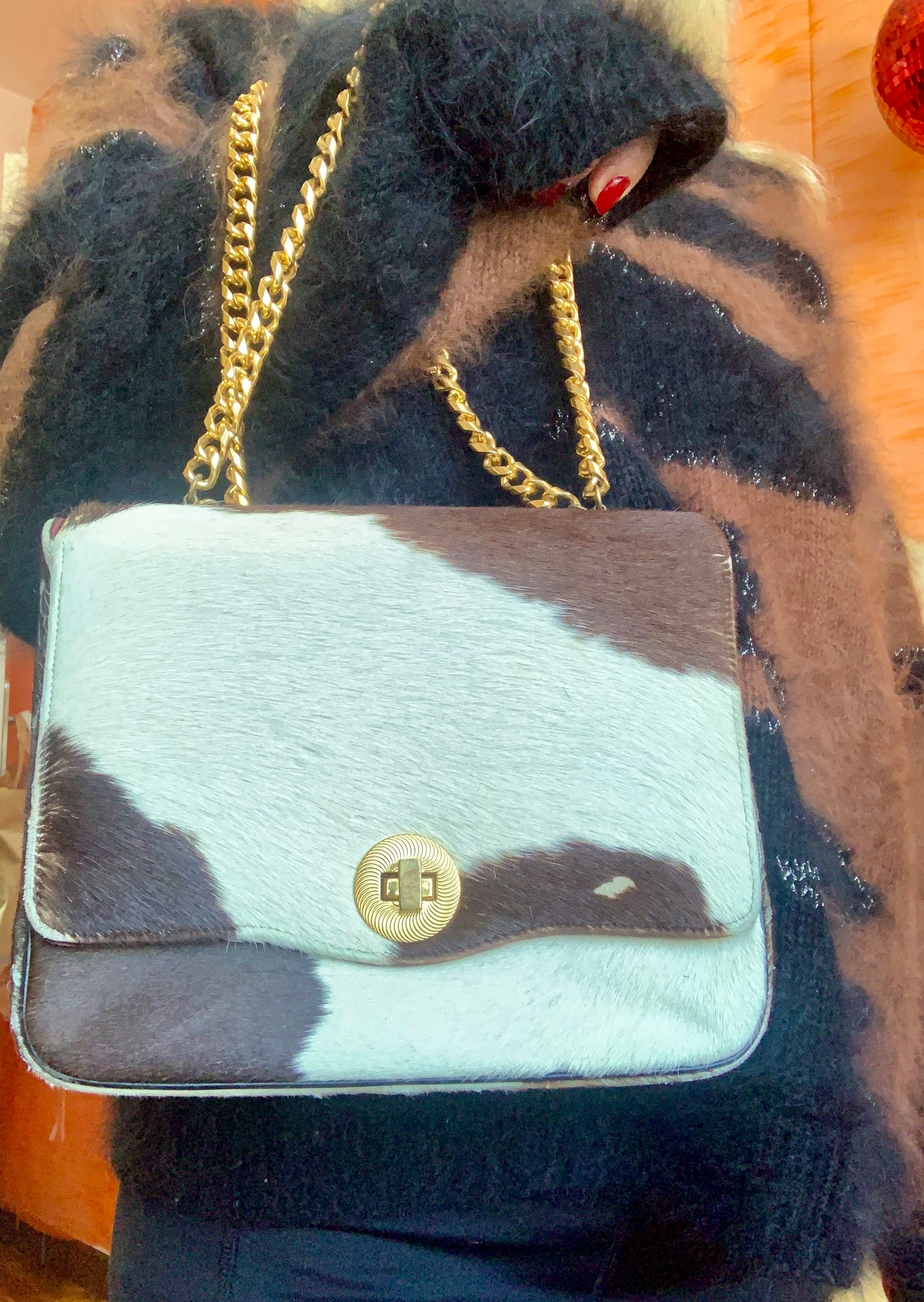 Sac à main chaînes et fourrure peau cuir de veau Vintage 1960/70 Koret
