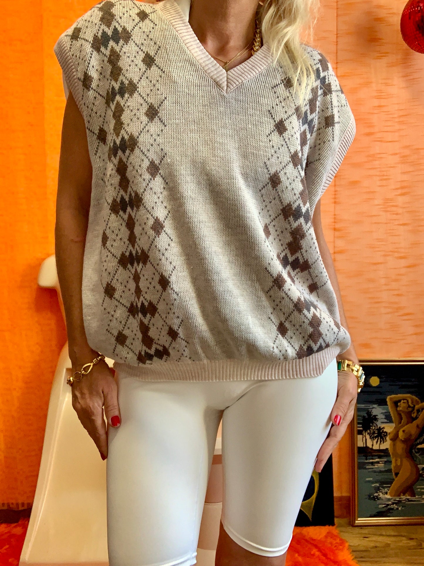 Pull sans manche aux motifs carreaux Burlingtons Col V Vintage 1980/90