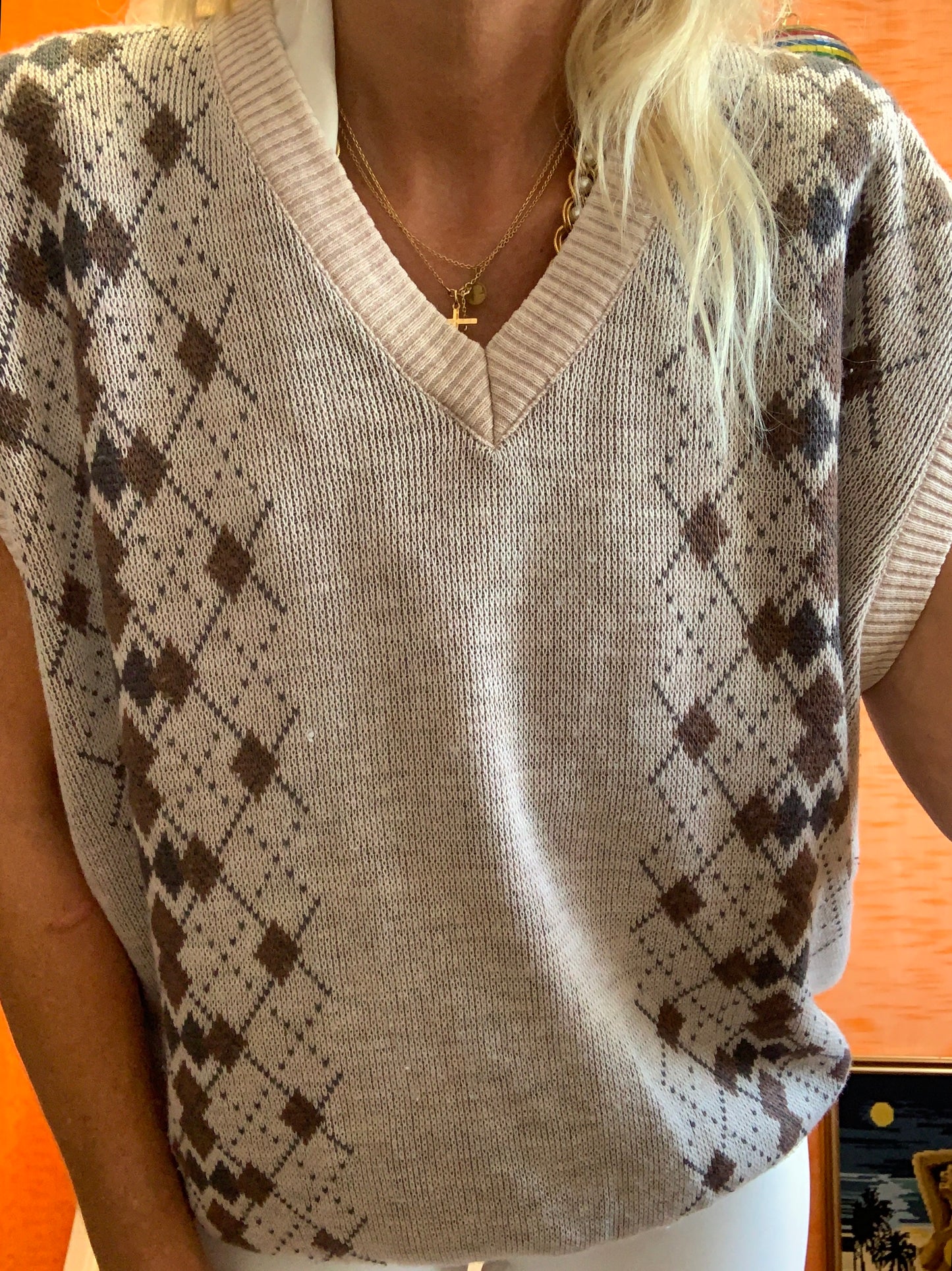 Pull sans manche aux motifs carreaux Burlingtons Col V Vintage 1980/90
