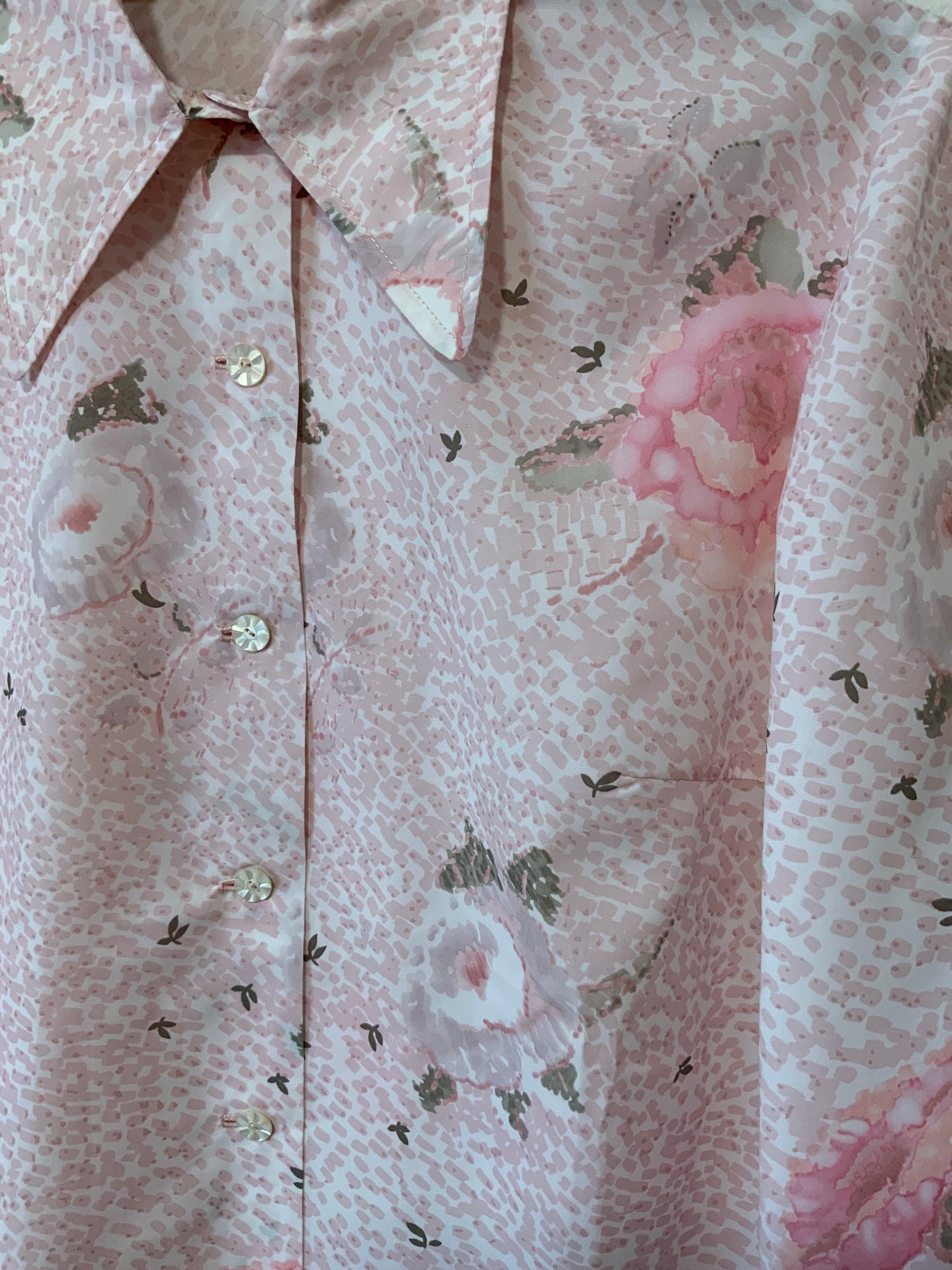 Chemisier à fleurs roses Vintage Création faite main Seventies Col pelle à tartes