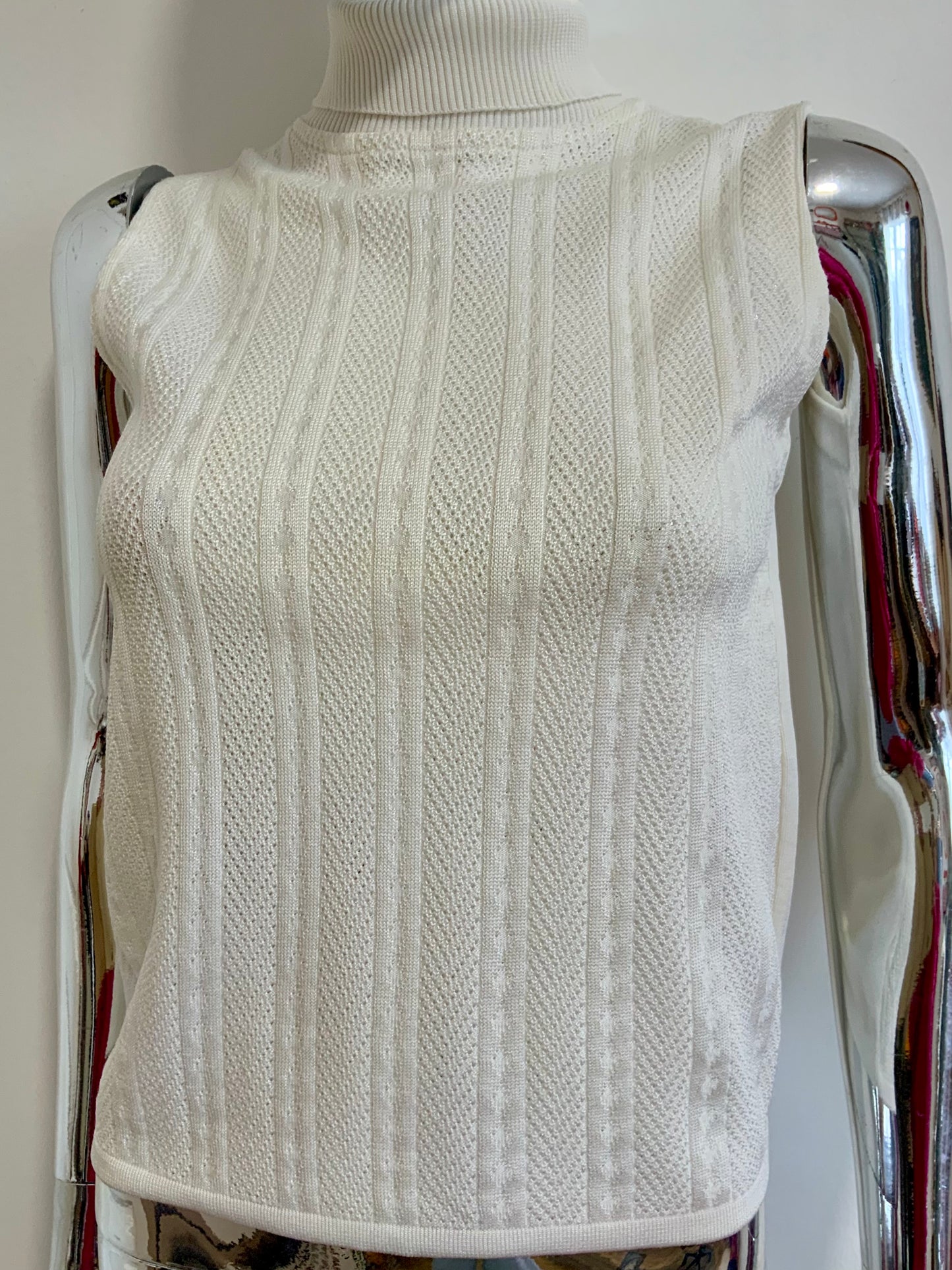 Pull Tricot Ajouré sans manche col roulé Vintage 1970 Neuf France