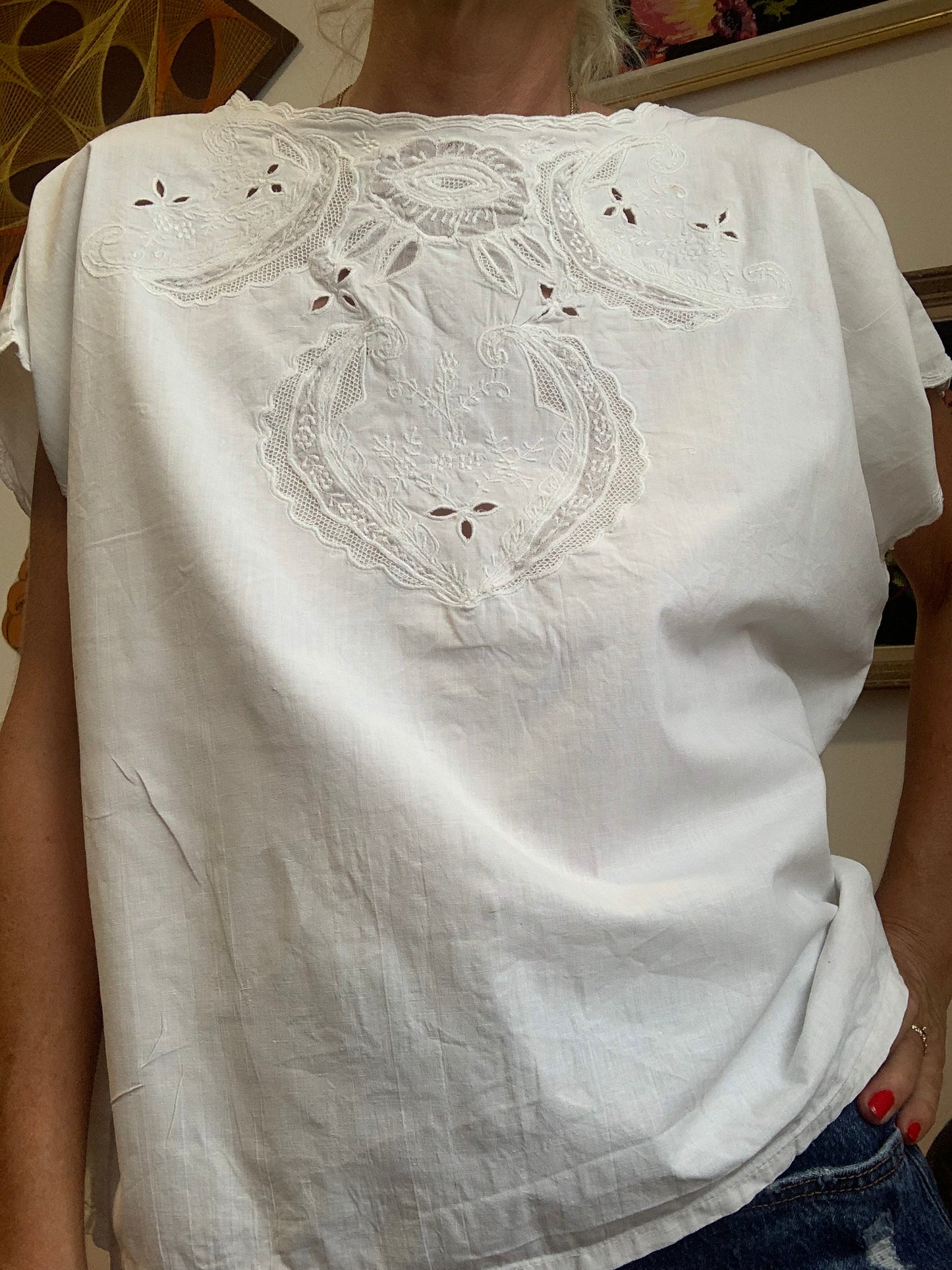 Blouse boutonnée dos Broderies Fleurs Coton Vintage 1980