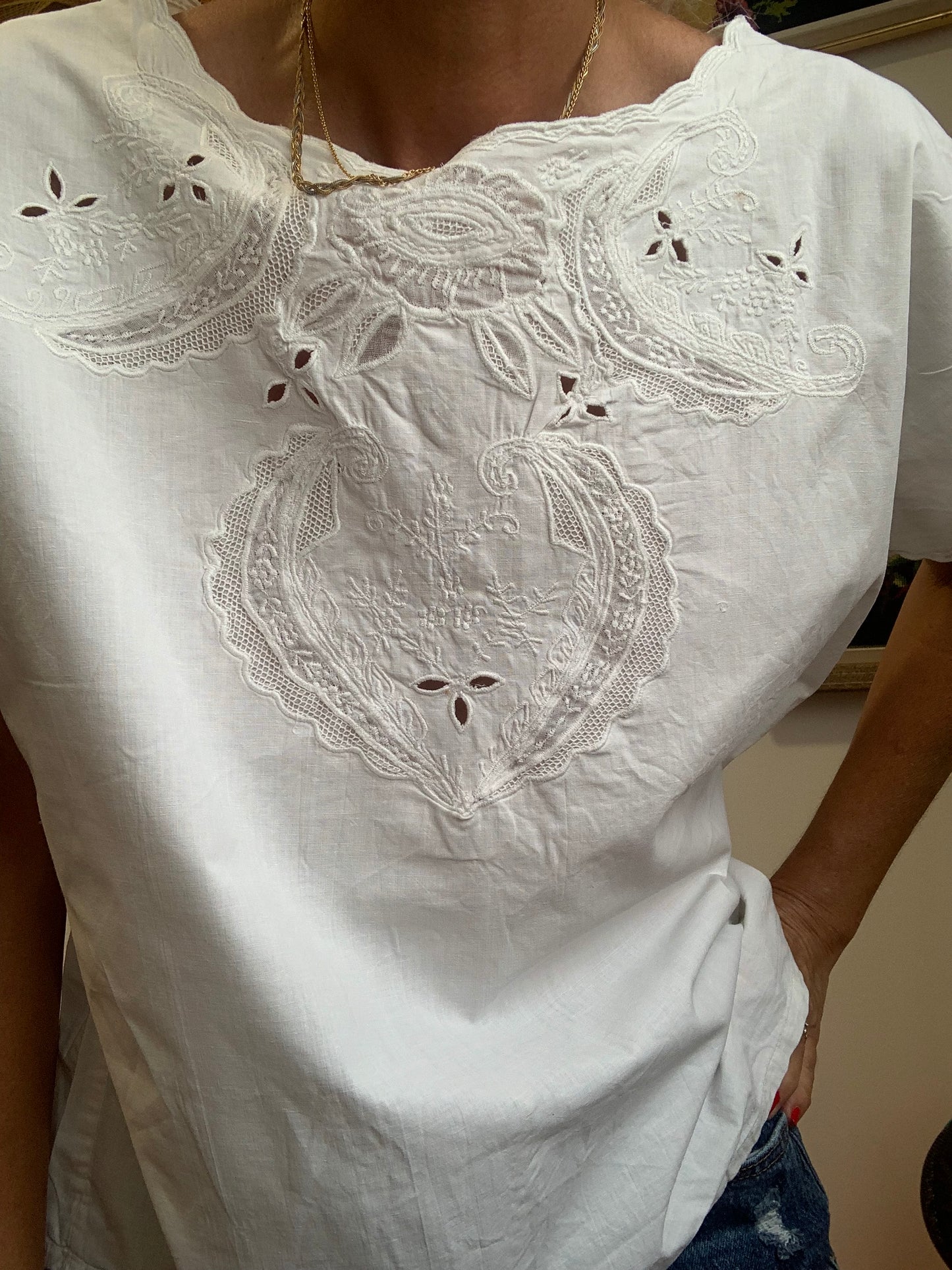 Blouse boutonnée dos Broderies Fleurs Coton Vintage 1980