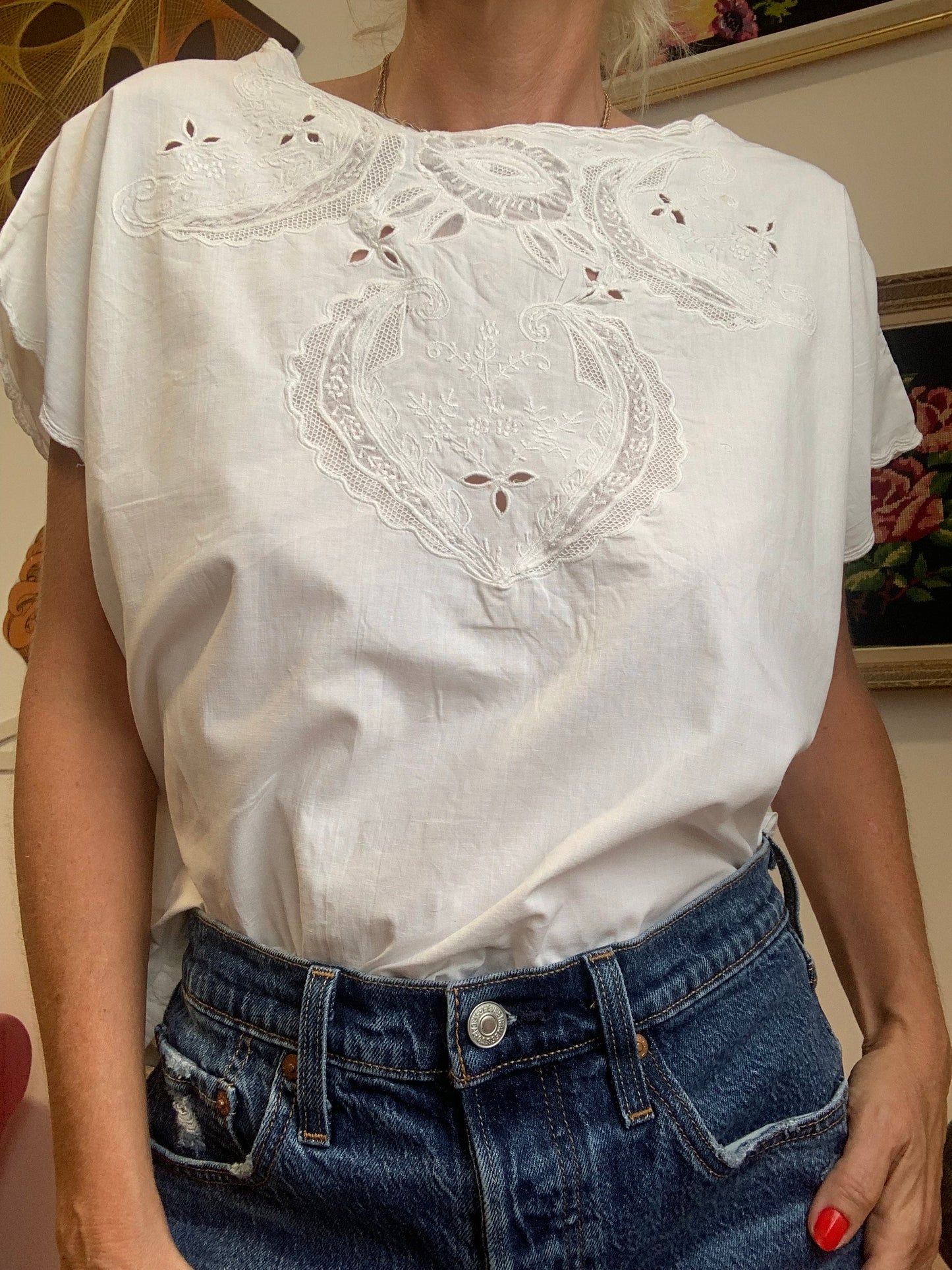 Blouse boutonnée dos Broderies Fleurs Coton Vintage 1980