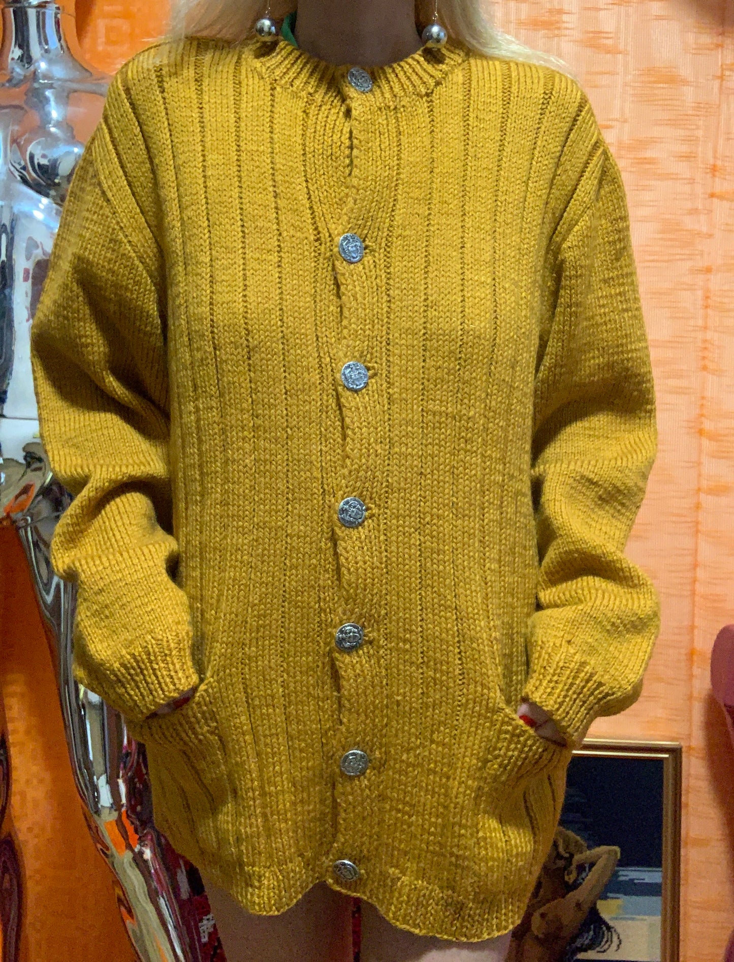 Gilet Tricot grosse Laine Orange fait à la main Vintage boutons métal