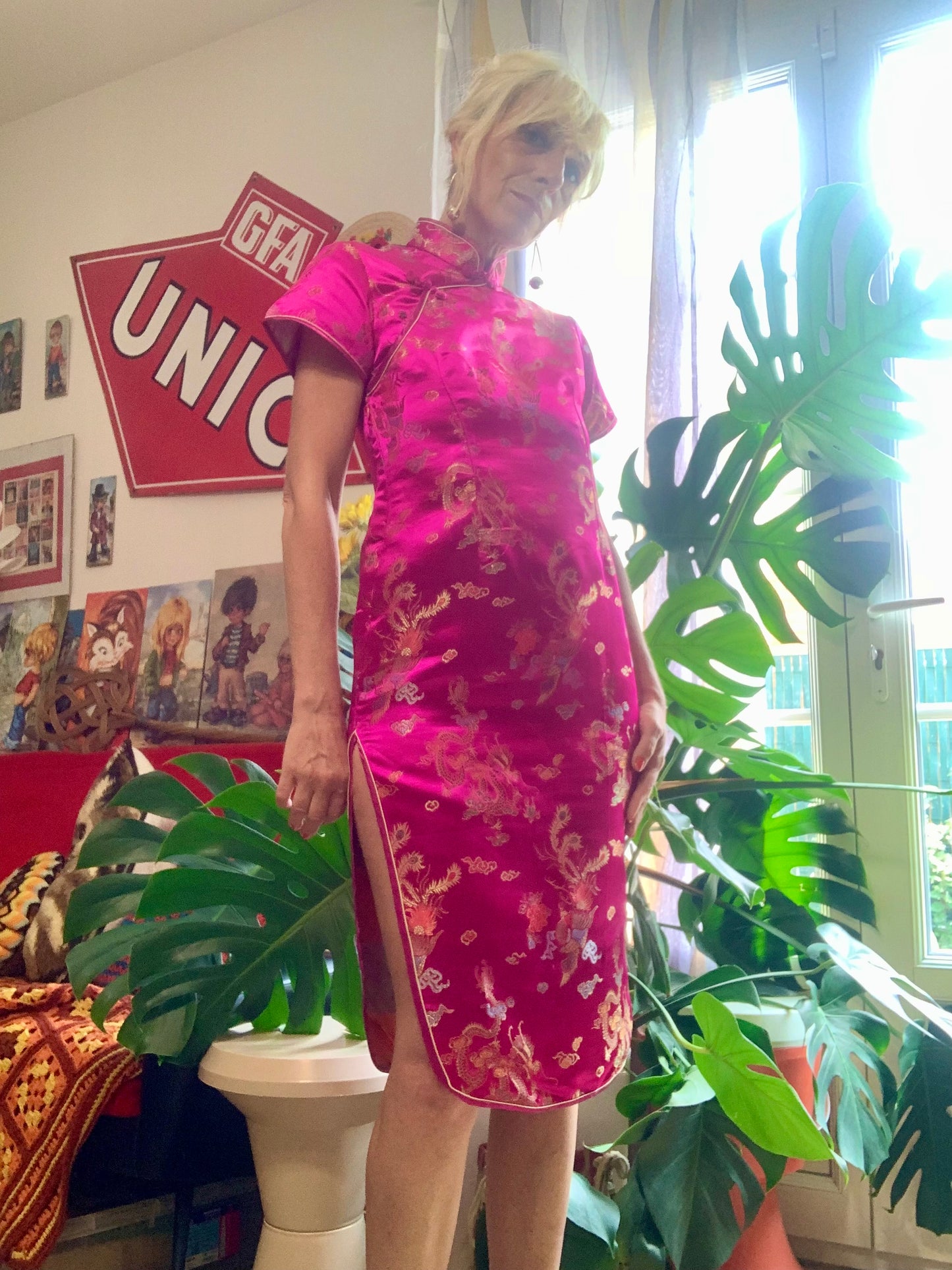 Robe Chinoise Soie rose et Motifs Vintage Pépite
