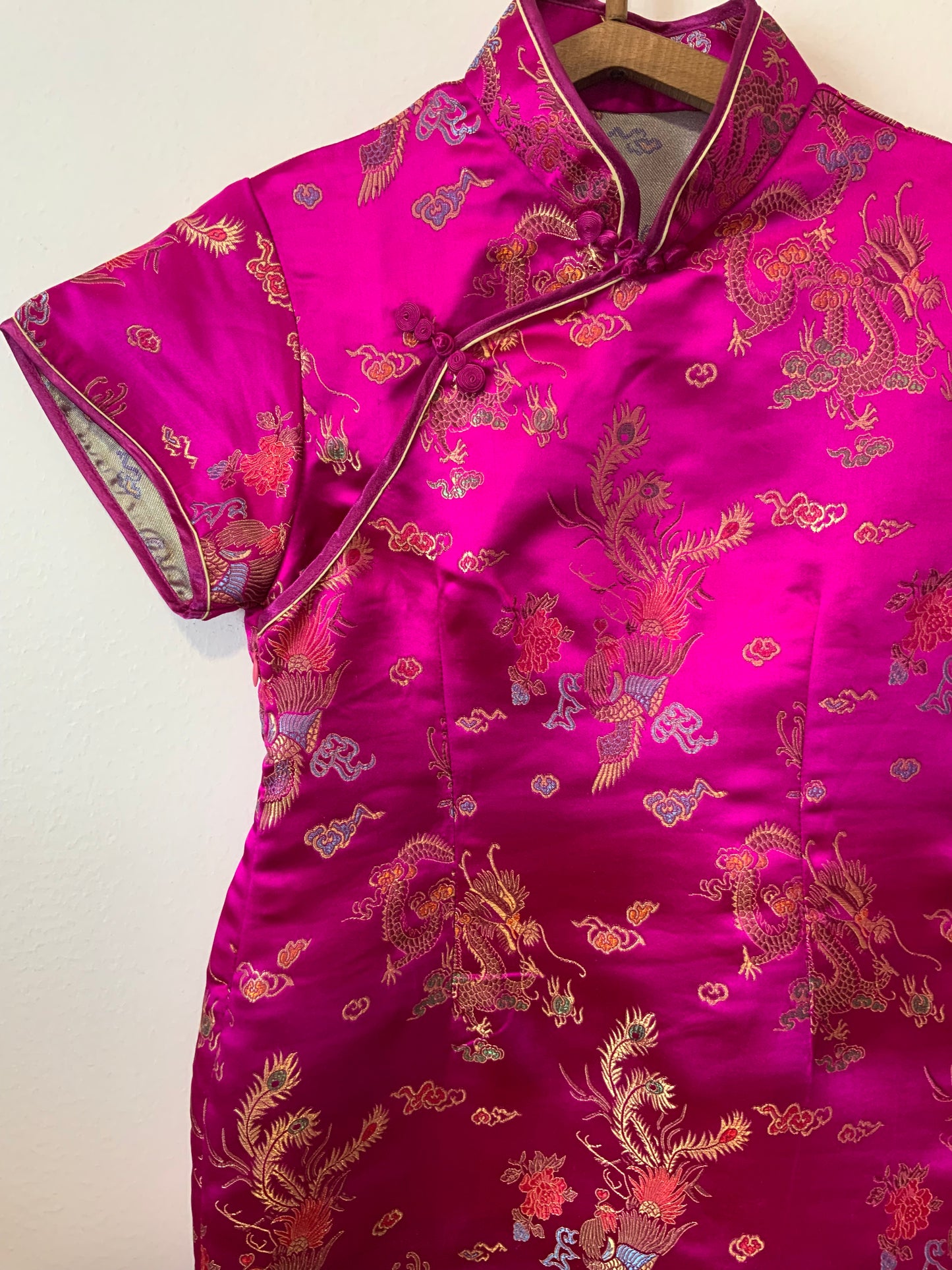 Robe Chinoise Soie rose et Motifs Vintage Pépite