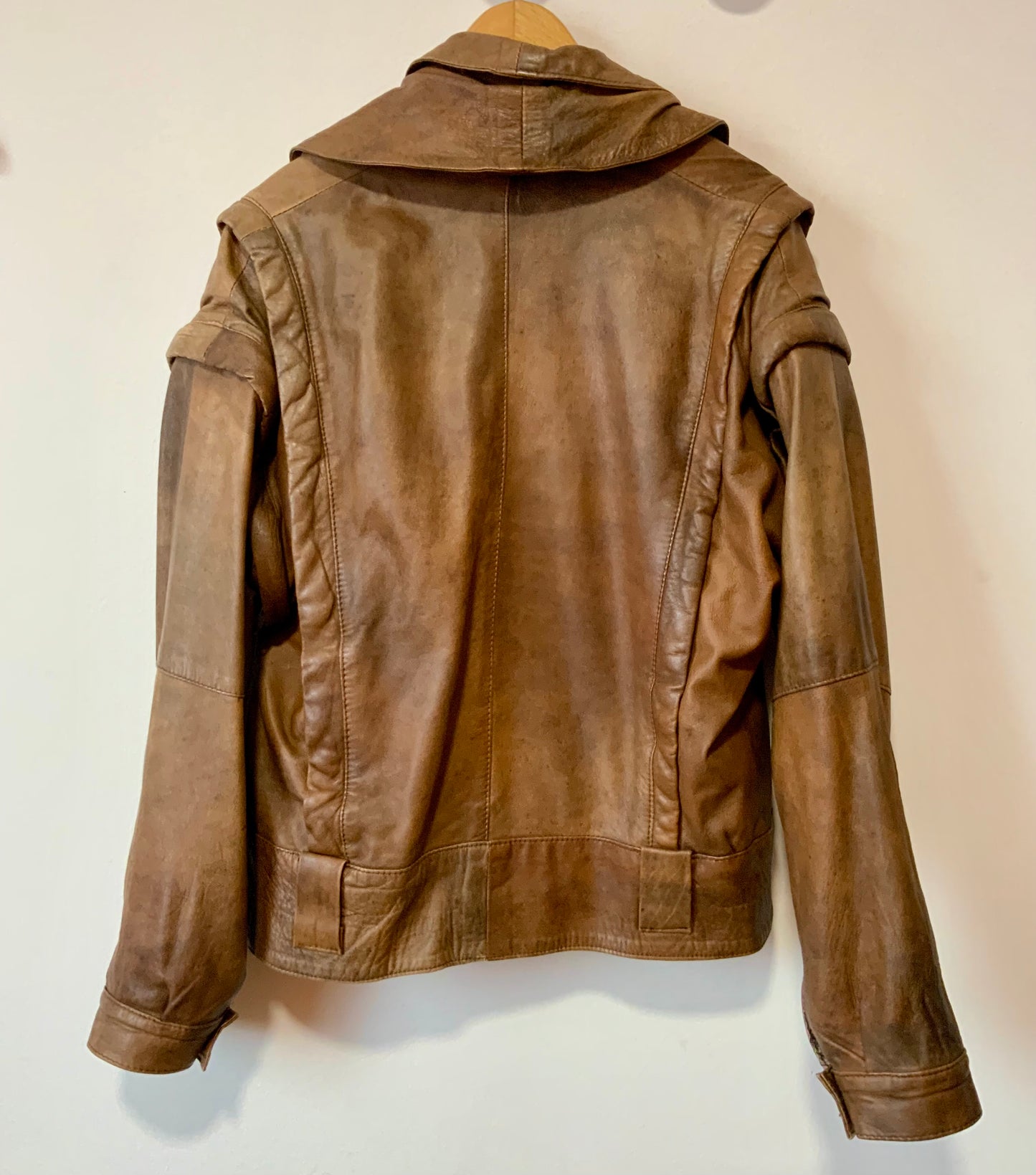 Blouson Cuir marron Vintage 1980 Double col à manches détachables