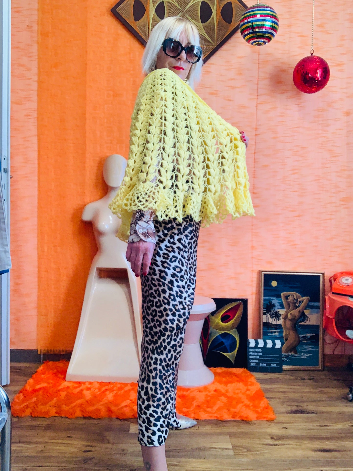 Châle Jaune Vintage Laine au Crochet Bohème