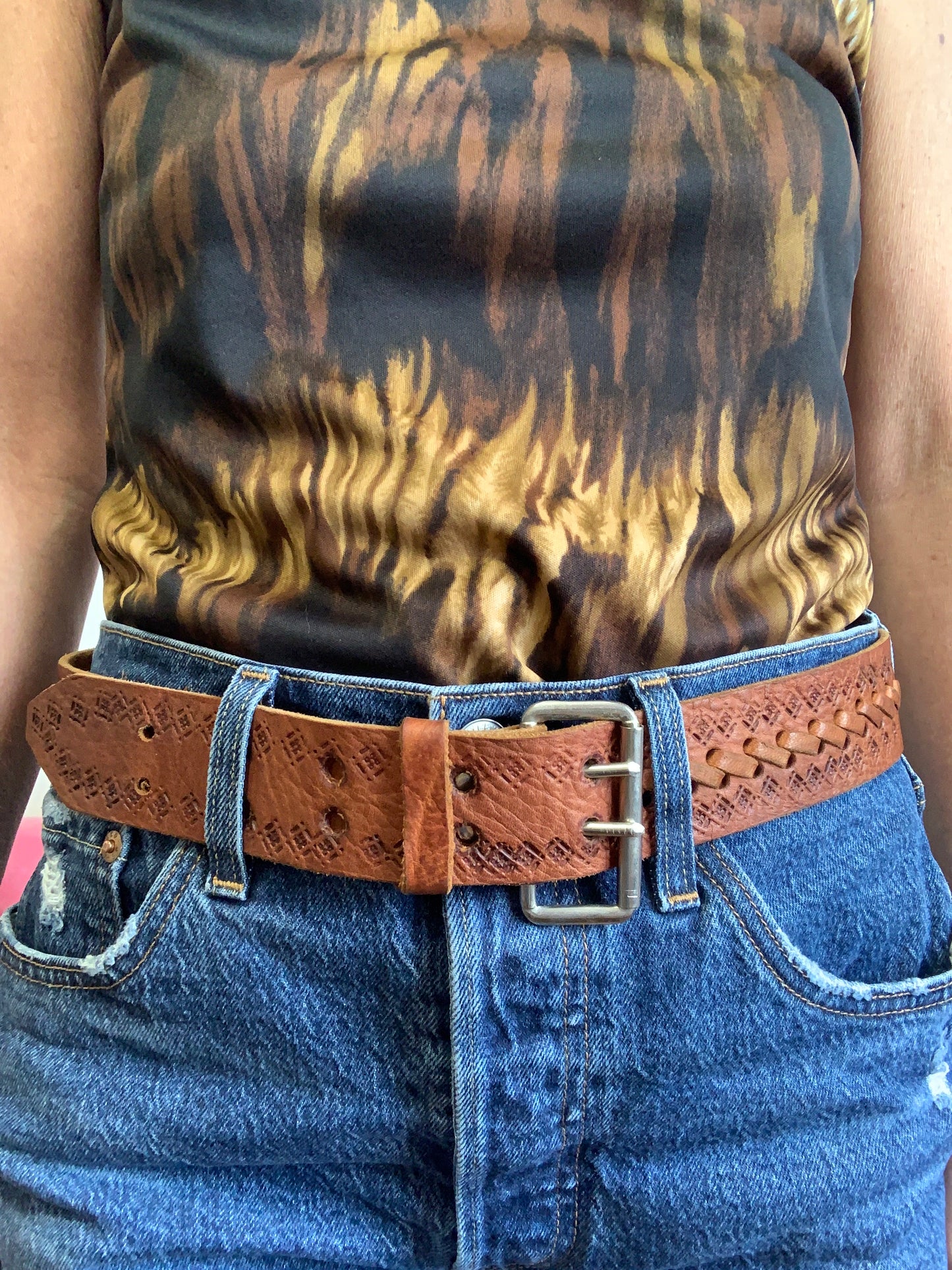 Ceinture Cuir Tressage Motifs Vintage 1980/90
