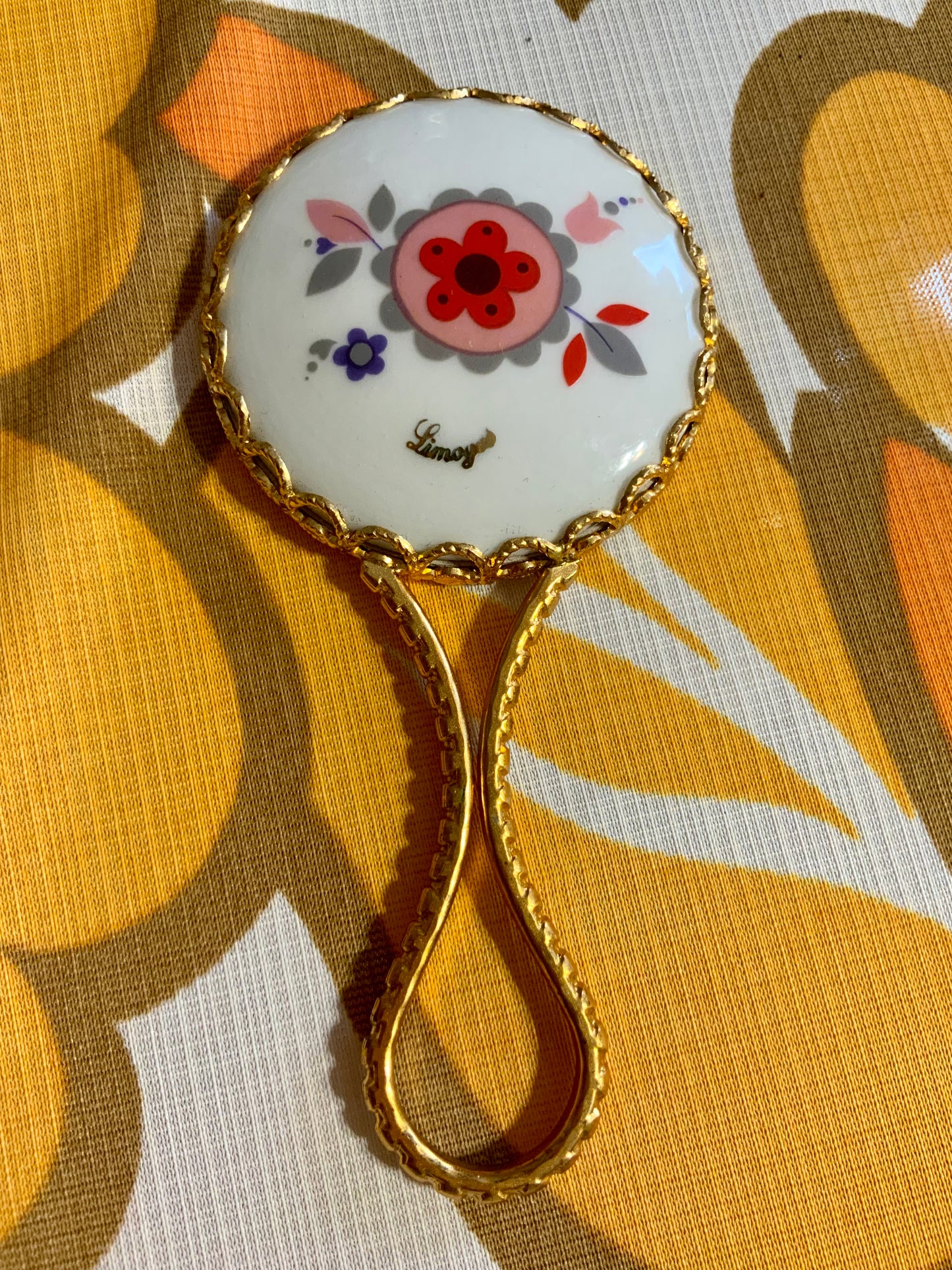 Miroir de sac Fleurs Porcelaine de Limoges Vintage Raffiné France