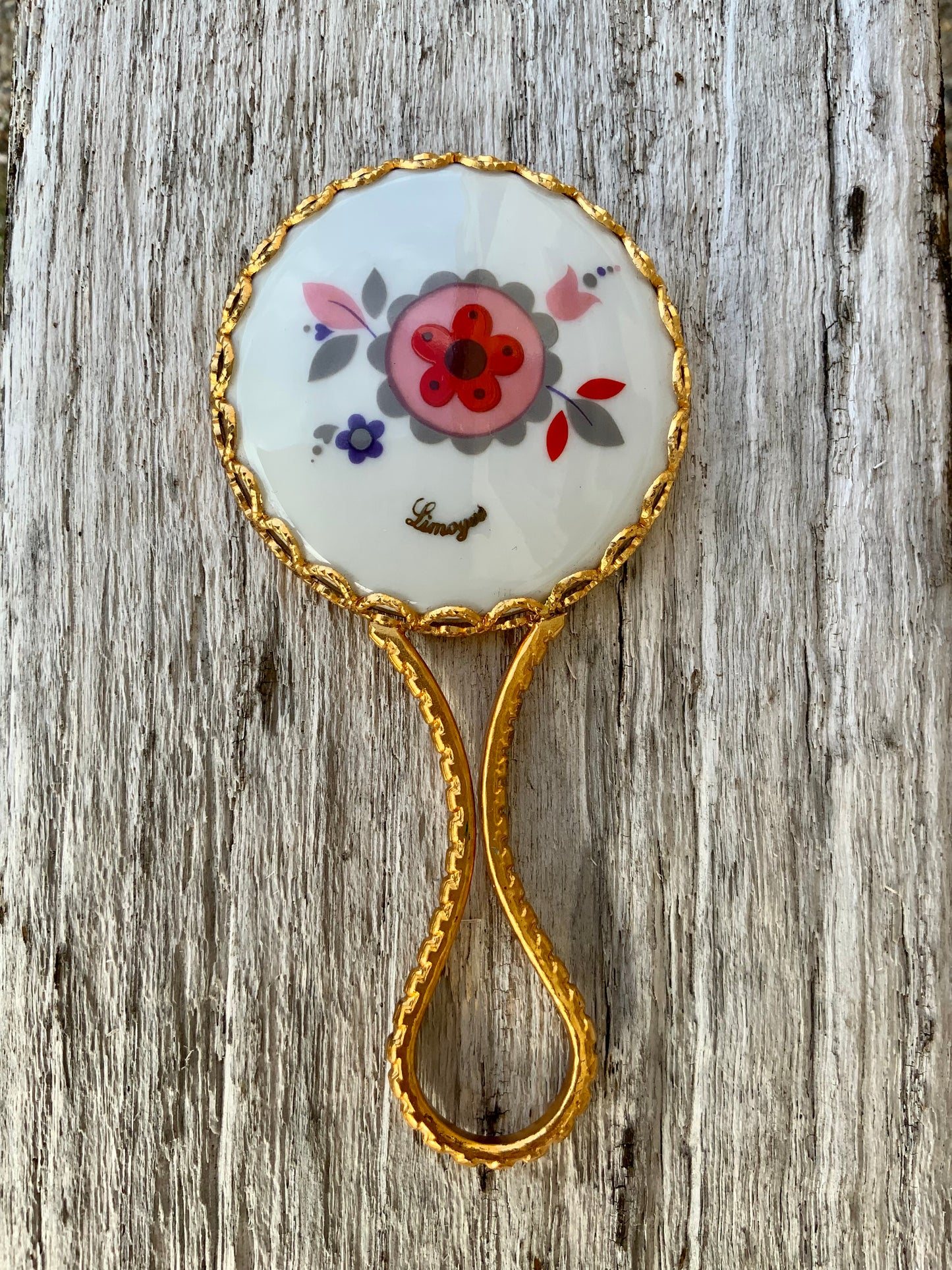 Miroir de sac Fleurs Porcelaine de Limoges Vintage Raffiné France