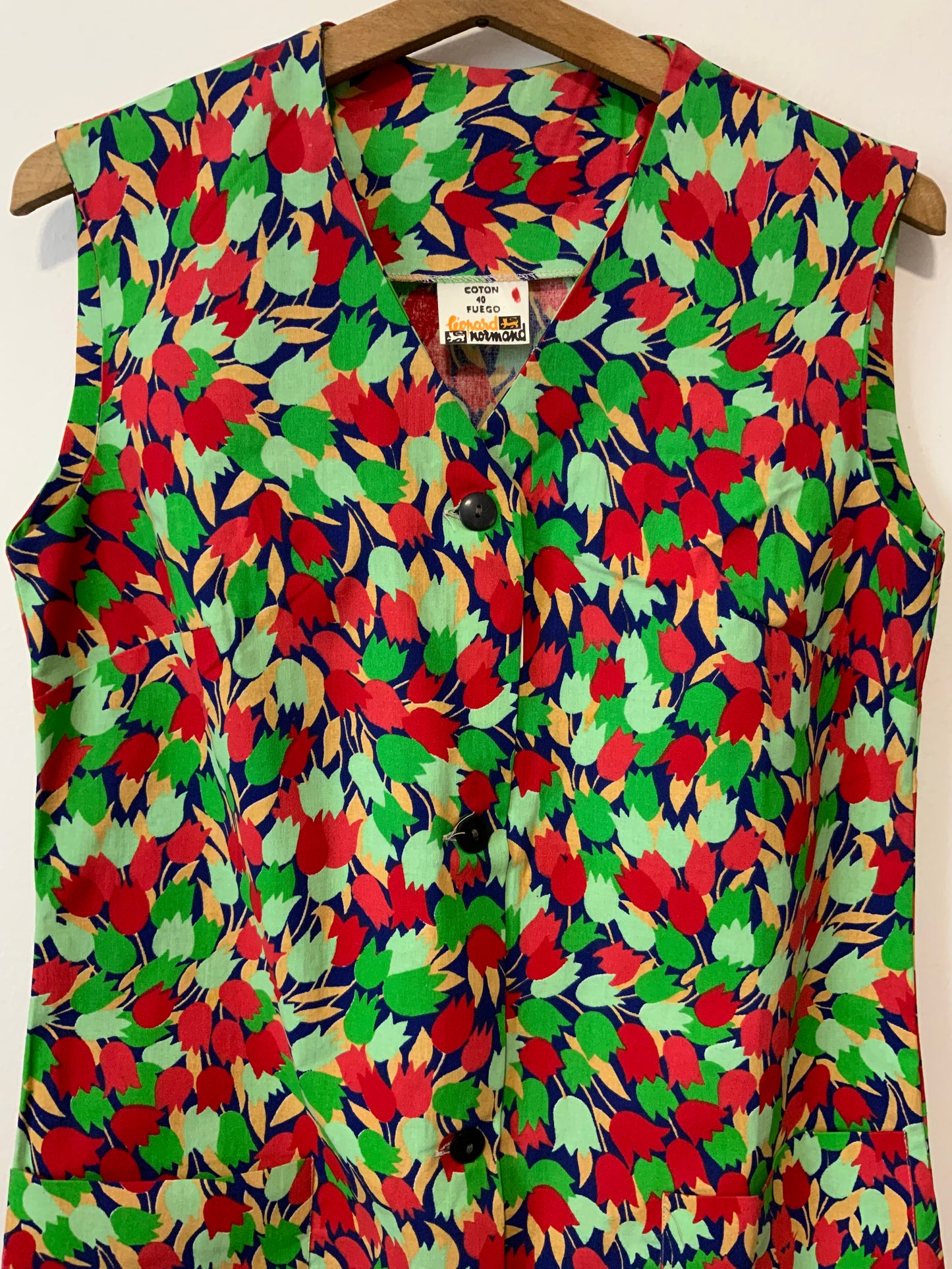 Robe boutonnée Deadstock Vintage 1970 A Fleurs tulipes Été