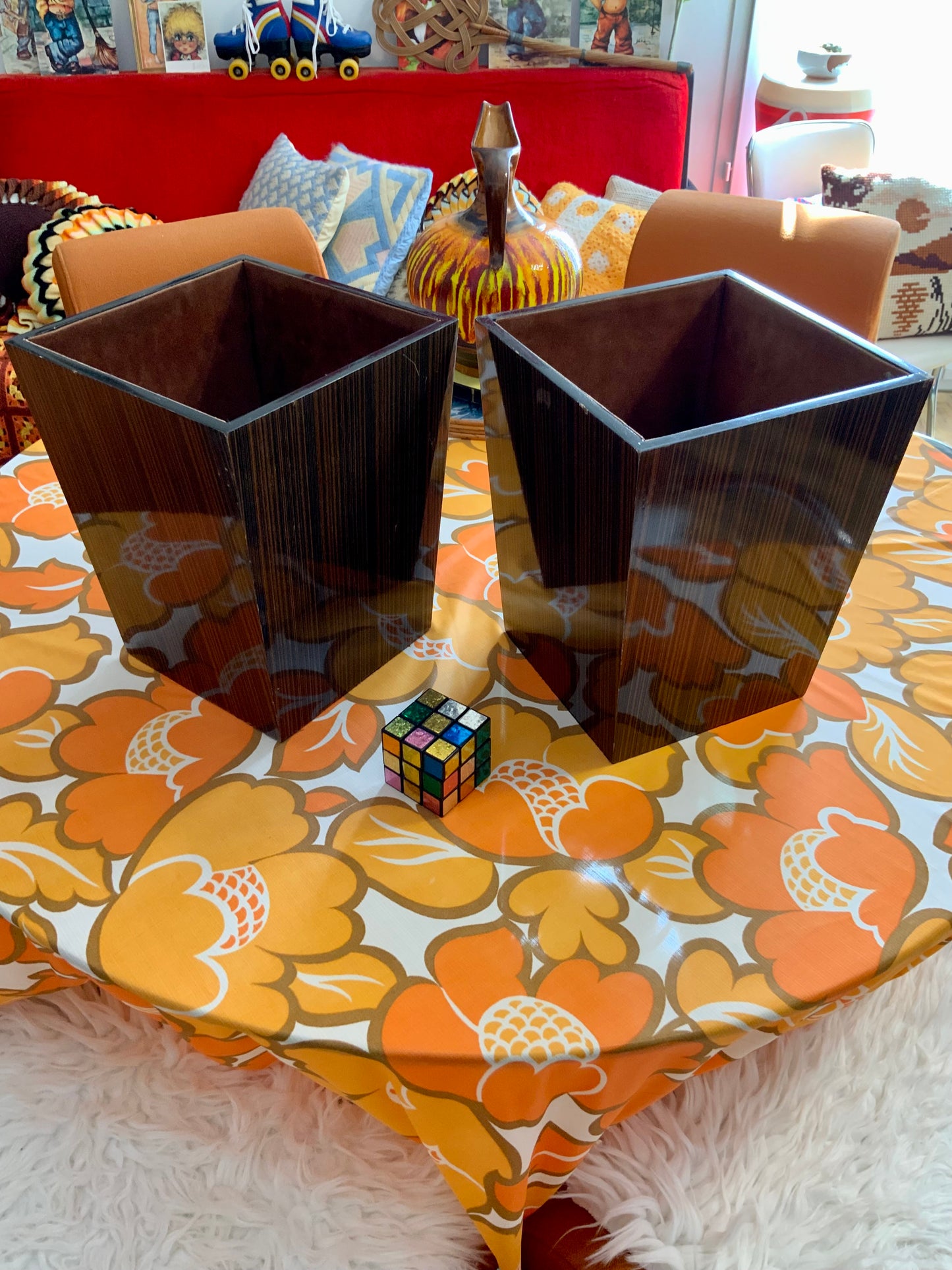 2 Grands Pots Marron Formica et Velours Vintage 1960/70 Design