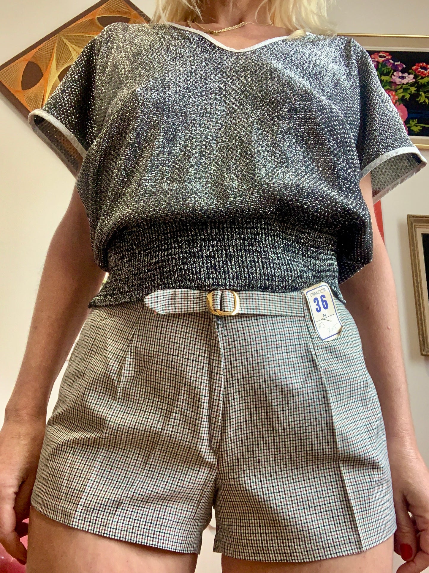 Ravissant mini short sexy 1970 à carreaux Vintage Deadstock