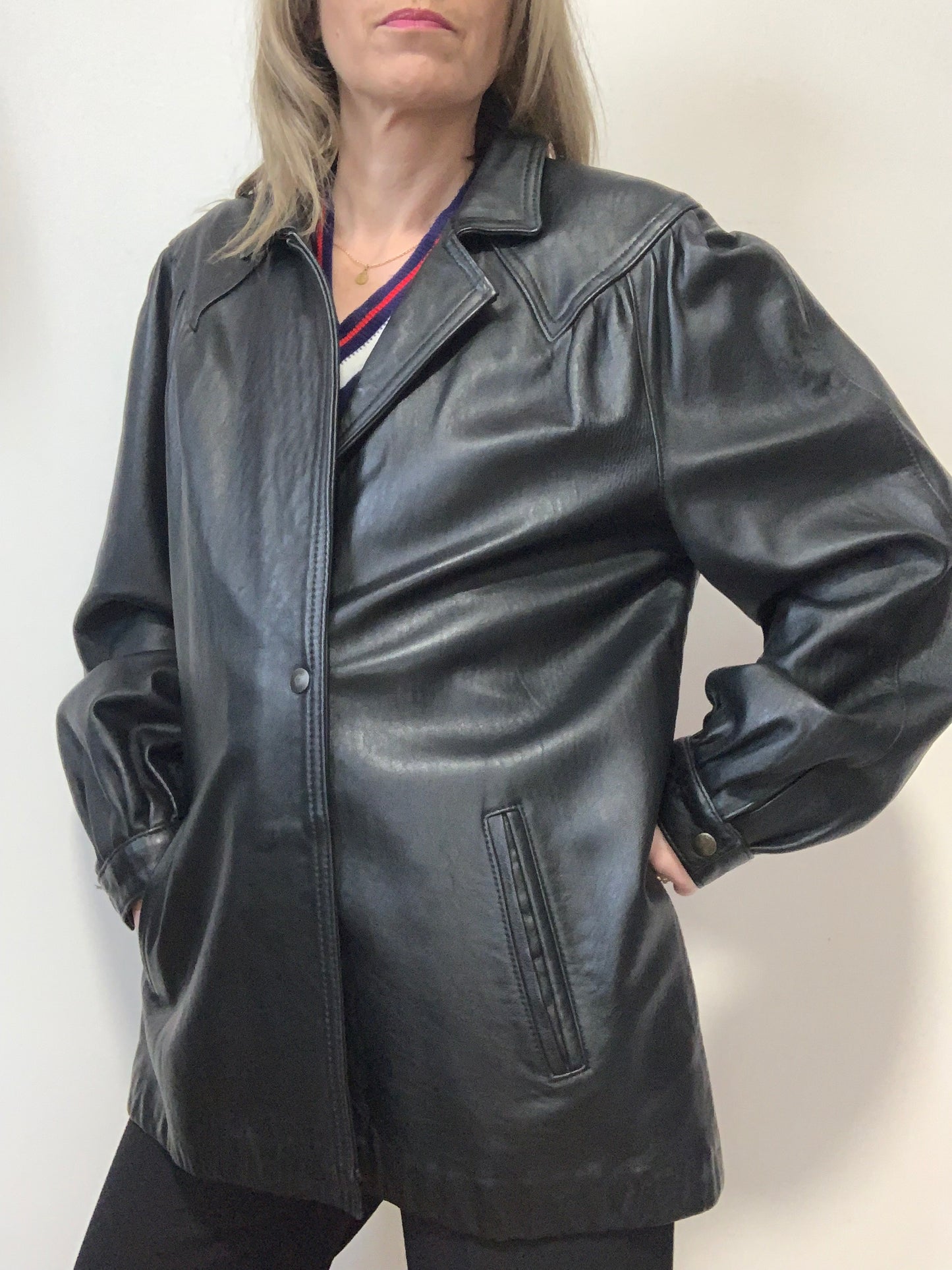 Veste droite en cuir noir Vintage 1980