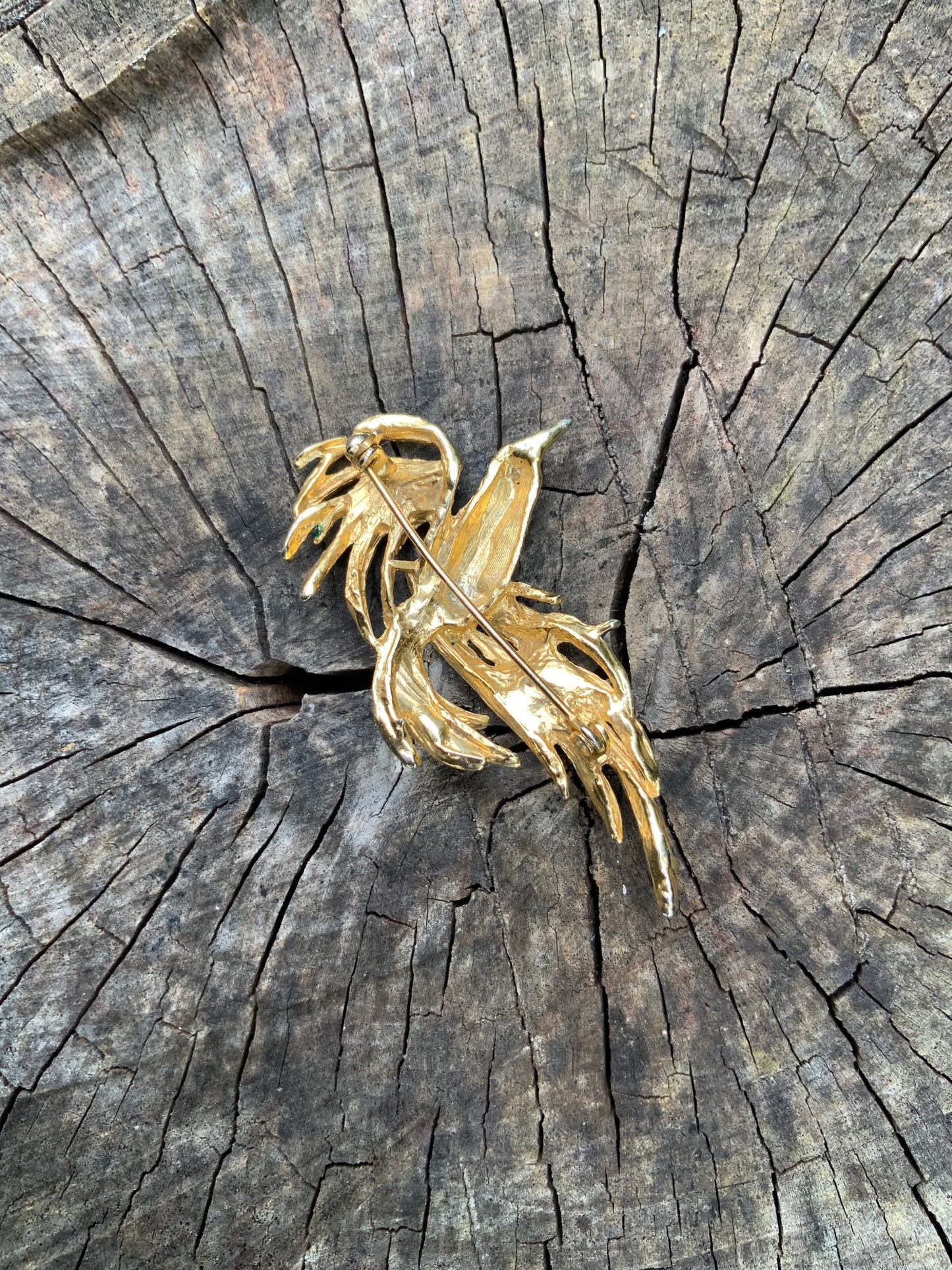 Broche oiseau Métal Doré peint Vintage
