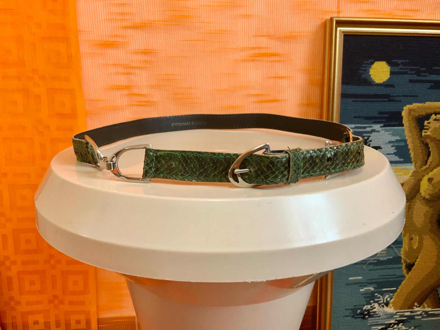 Ceinture cuir de reptile véritable Vintage Verte et métal argenté