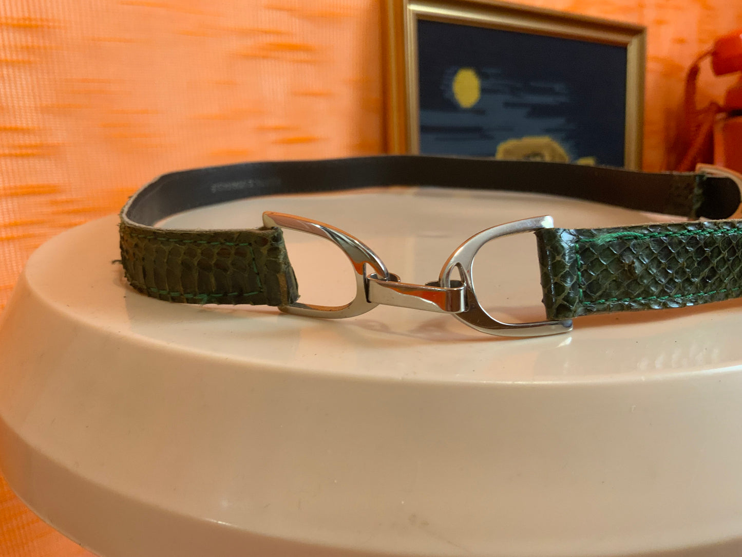 Ceinture cuir de reptile véritable Vintage Verte et métal argenté