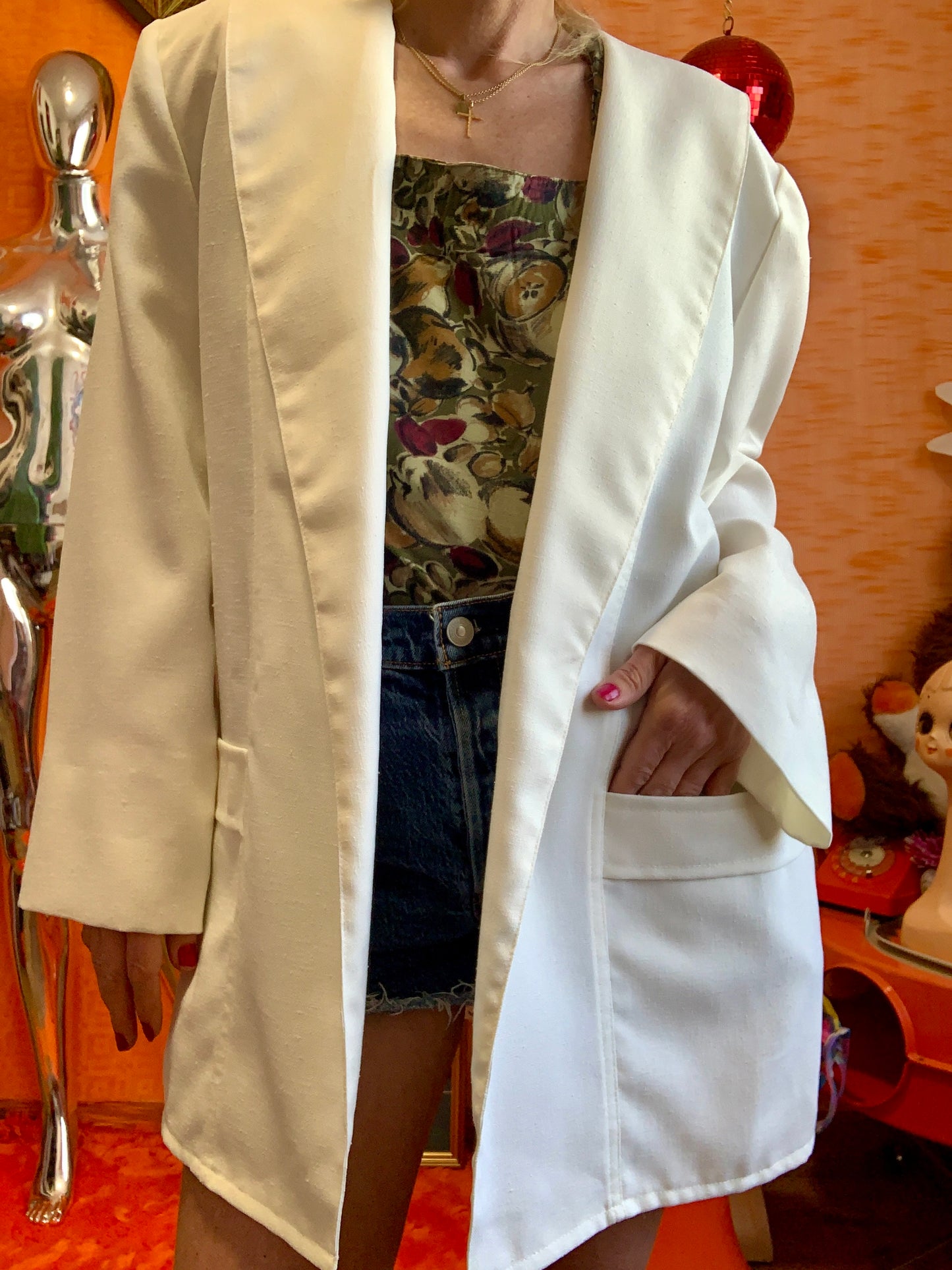 Veste blanche Longue avec épaulettes Chic Vintage 1980