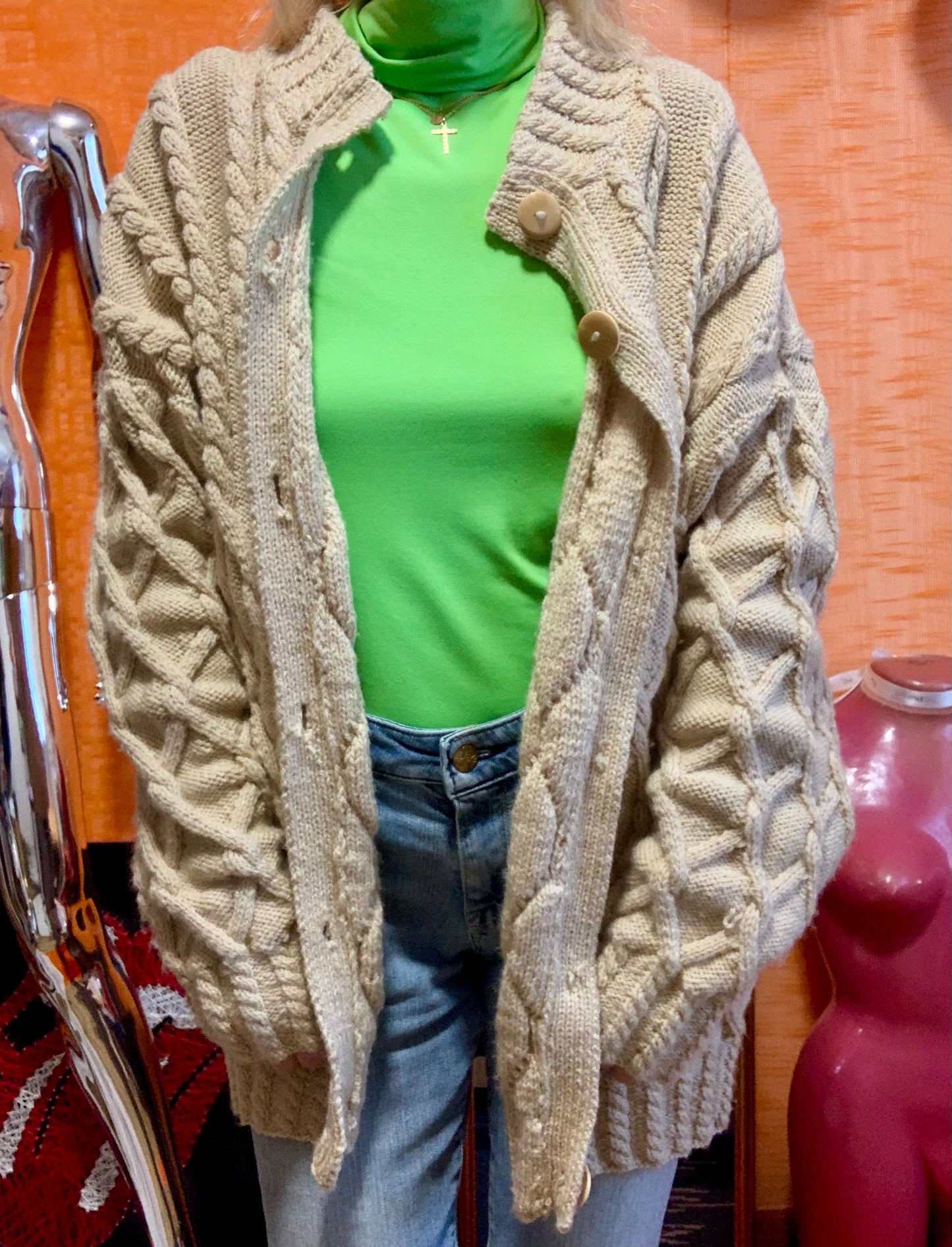 Gros gilet Tricot fait main Torsades Laine Façon Irlandais Vintage