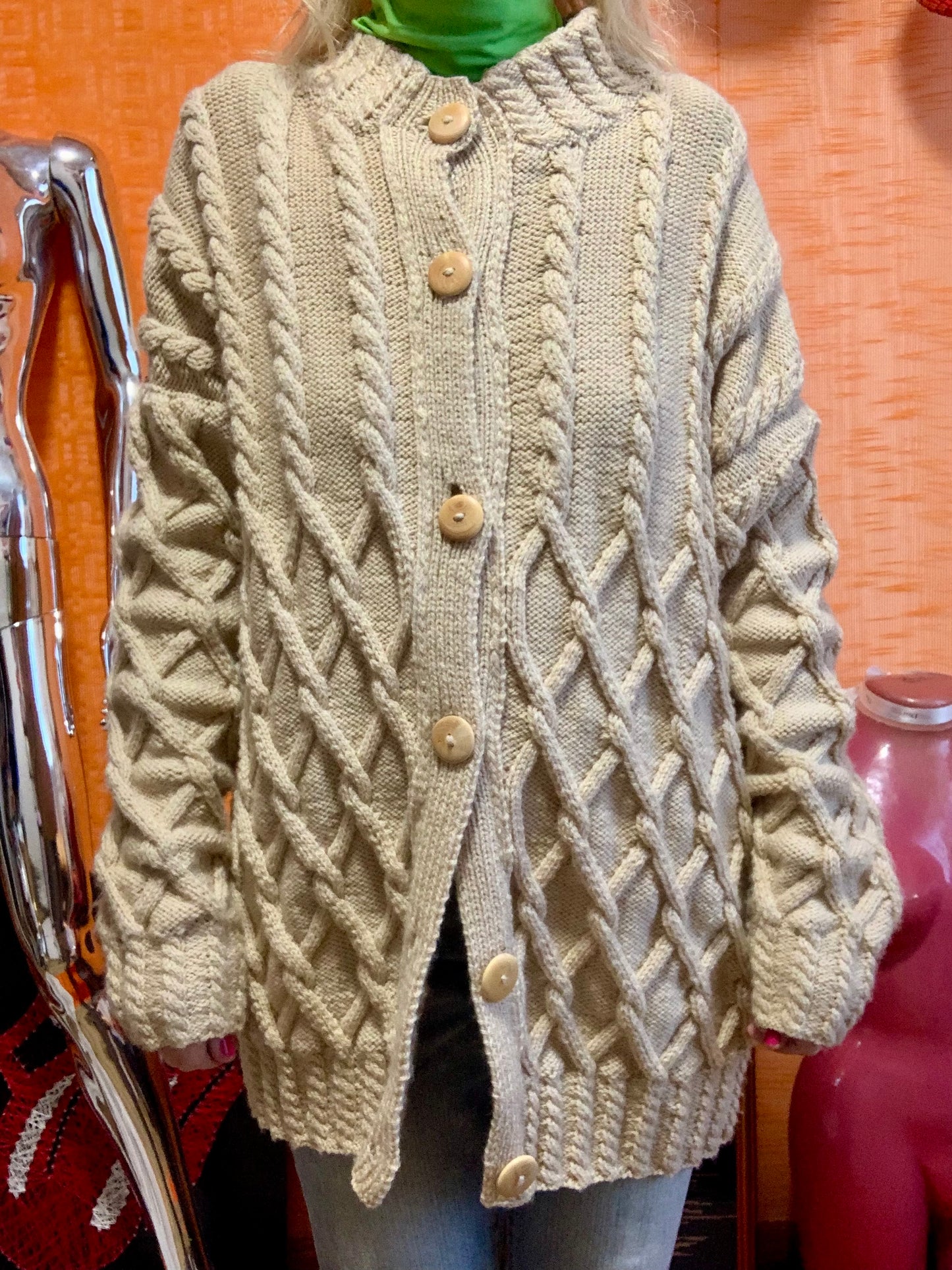 Gros gilet Tricot fait main Torsades Laine Façon Irlandais Vintage
