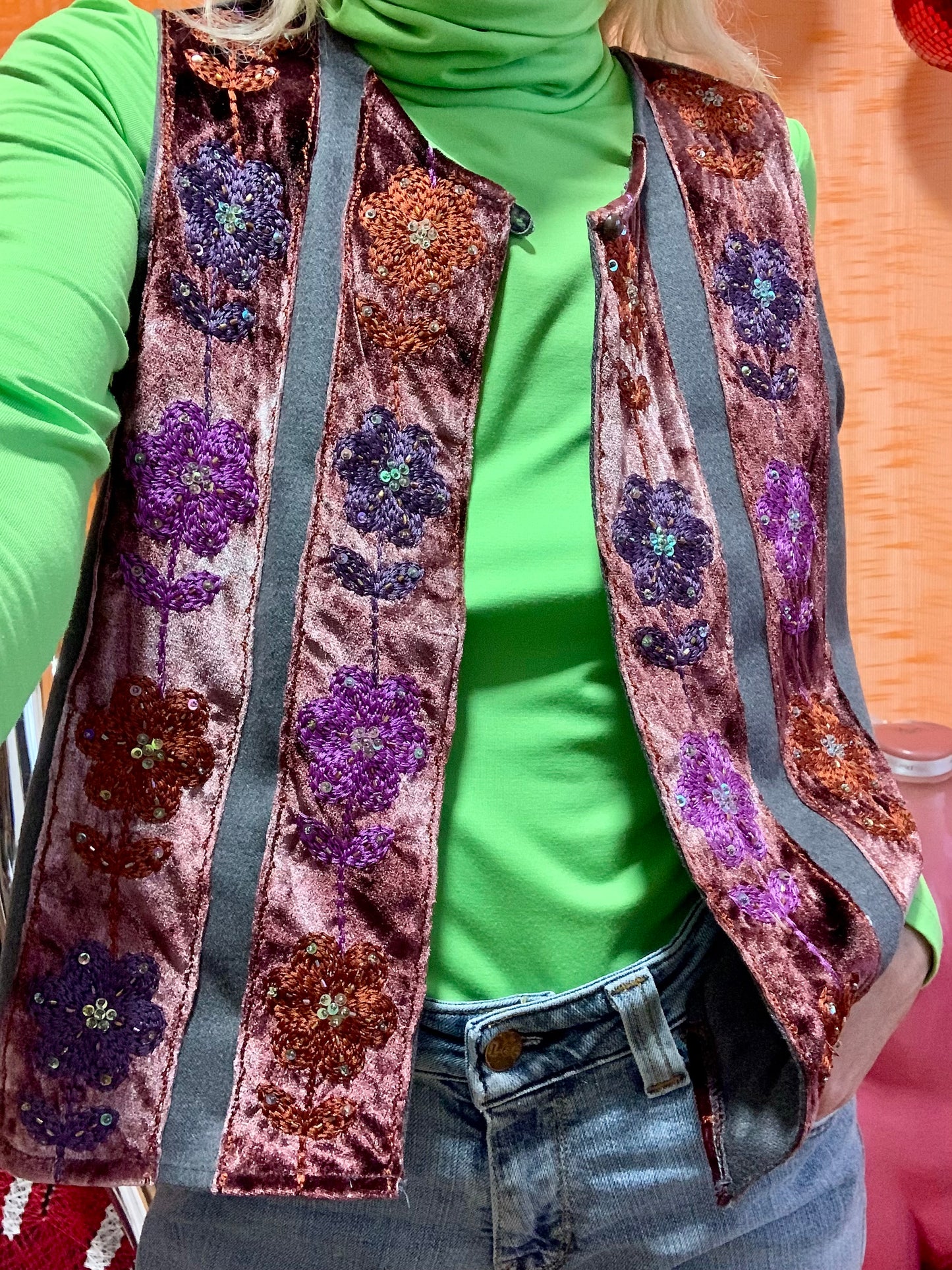 Boléro Gilet Velours A fleurs France Vintage 1990