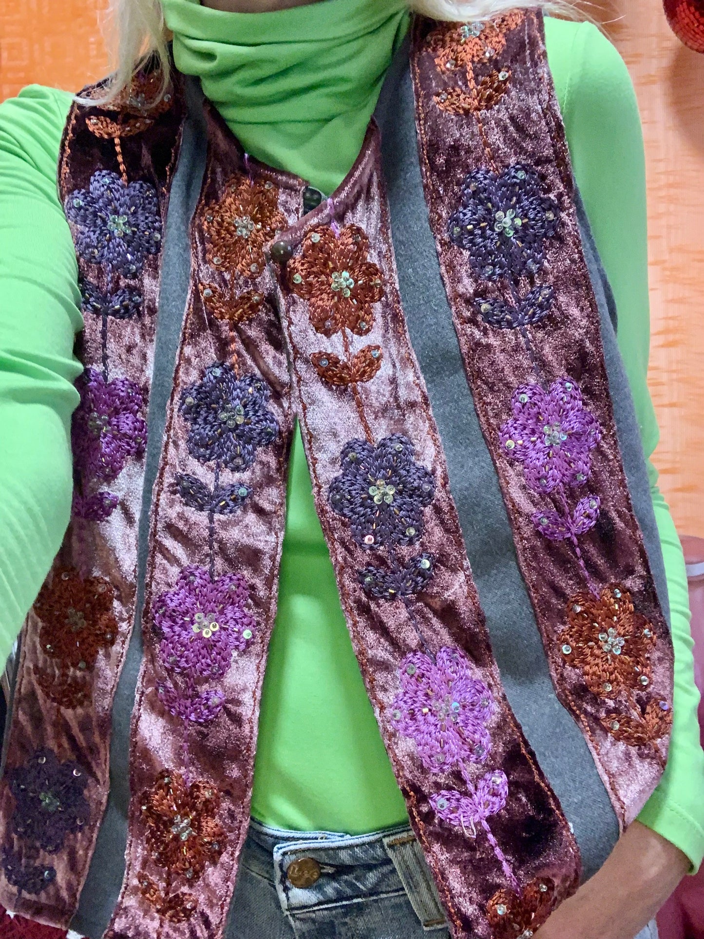 Boléro Gilet Velours A fleurs France Vintage 1990