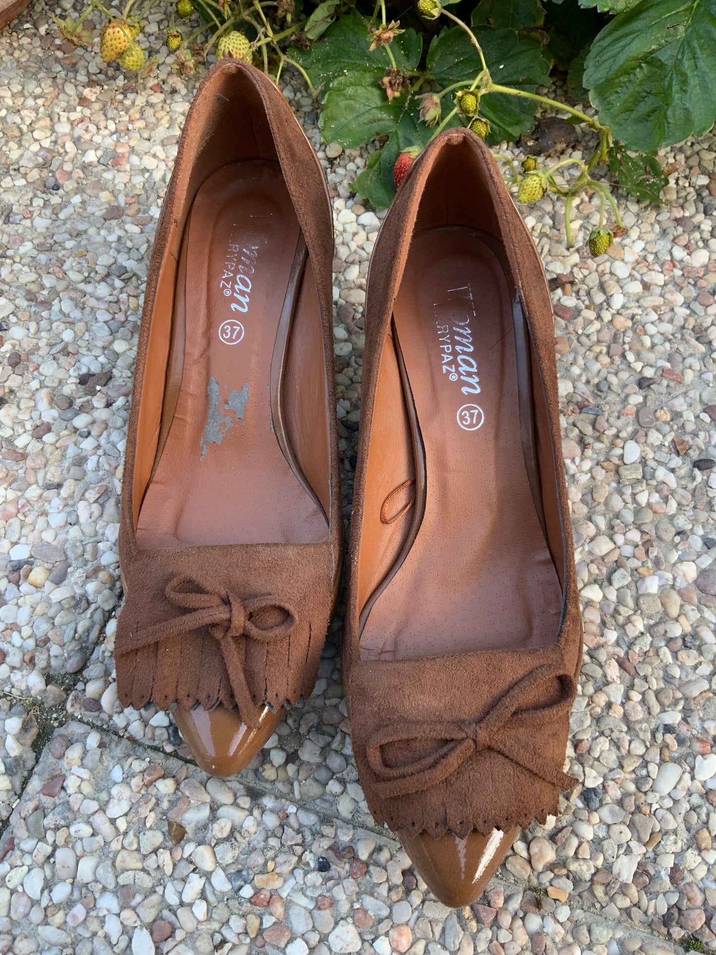 Chaussures à talons cuir vernis et franges daim Vintage 1990